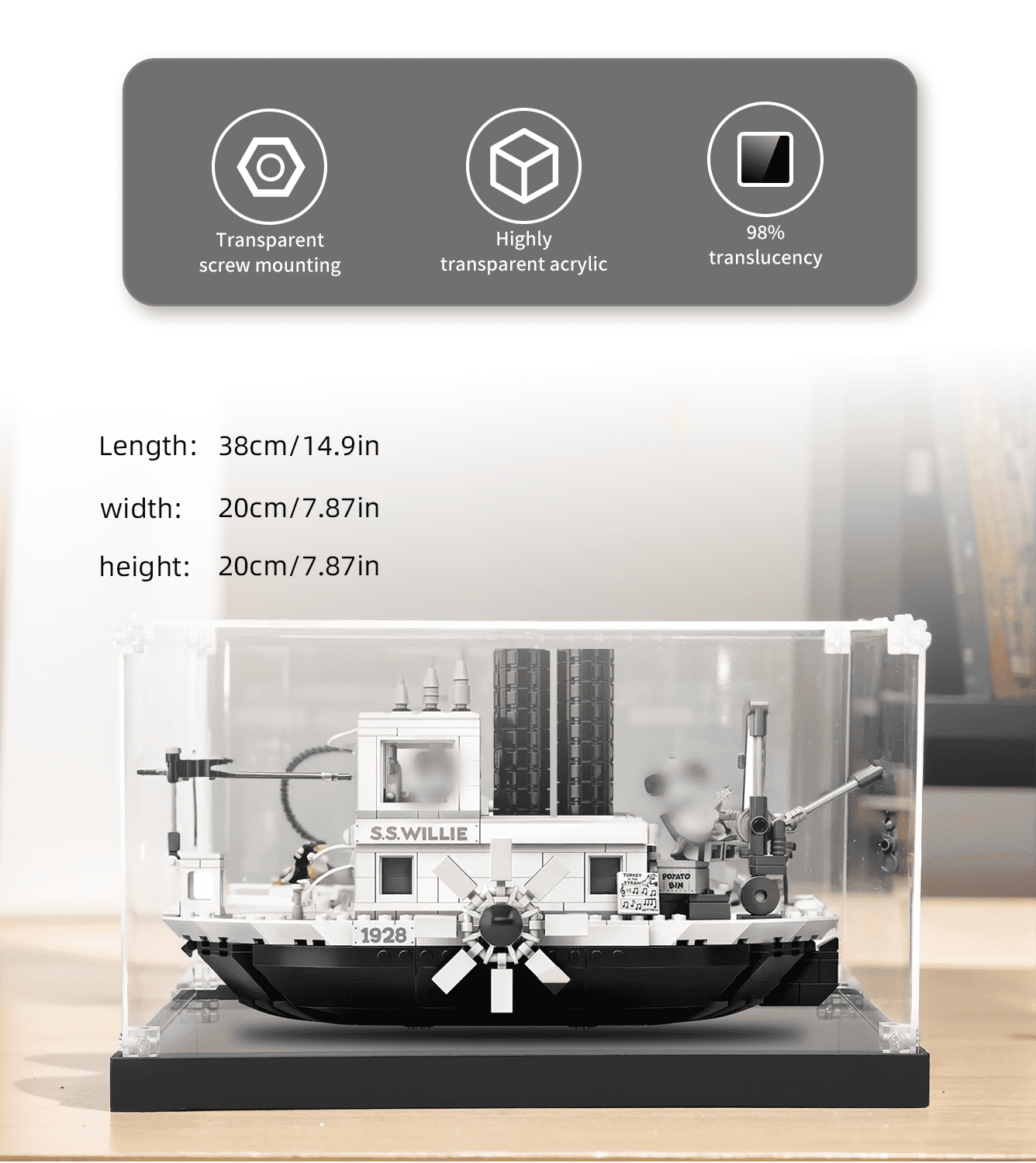 LEGO Ideas Steamboat Willie 21317 Display Case - Premium Acrylic Showcase for Collectible LEGO Sets - Perfect for Home Decor, Office Display & Gift Giving