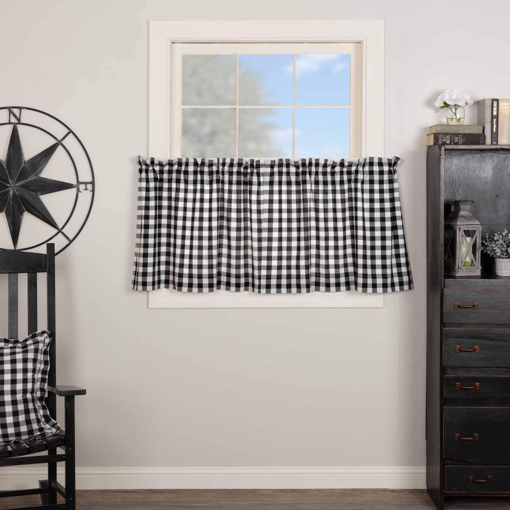 Annie Buffalo Check Cotton Farmhouse Kitchen Curtains - Black 24x36 Inch Rod Pocket Tier Pair | Rustic Country Window Treatment for Cozy Home Decor