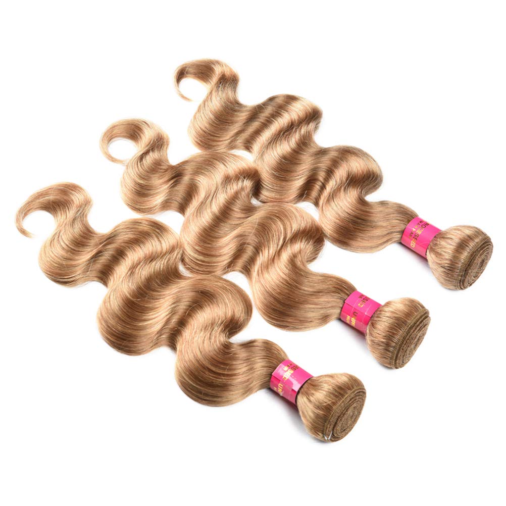 WOME Honey Blonde Hair Weave Bundles - 100% Virgin Peruvian Human Hair #27 Body Wave 8A Grade Unprocessed Remy Hair Extensions (10 12 14 Inch) for Natural Look & Styling - Perfect for Daily Wear, Parties & Special Occasions