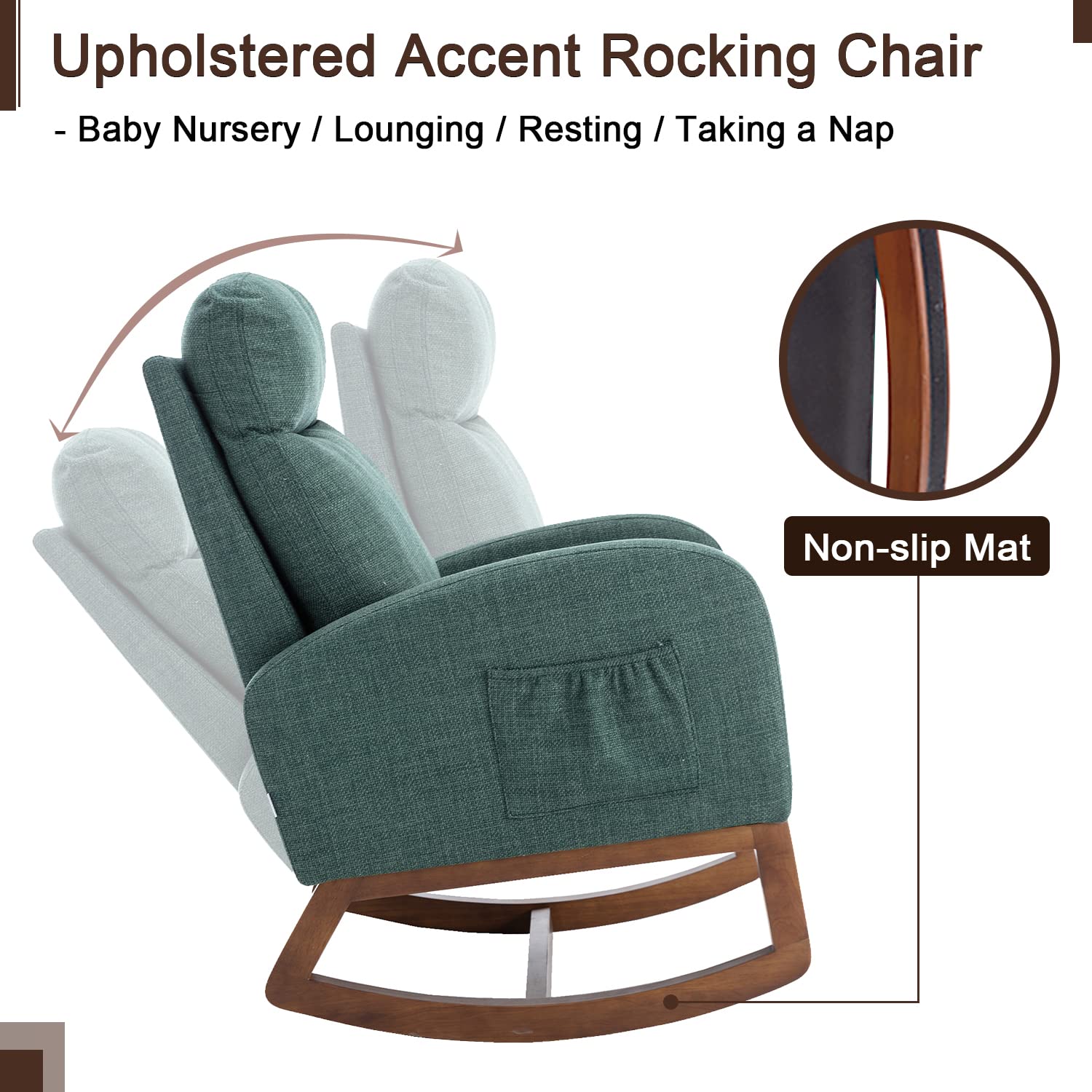 Antetek Modern Upholstered Rocking Chair - Nursery Glider Rocker with Side Pocket, High Back Headrest Design - Comfortable Armchair for Living Room, Bedroom & Nursery (Green) - Perfect for Breastfeeding, Reading & Relaxing