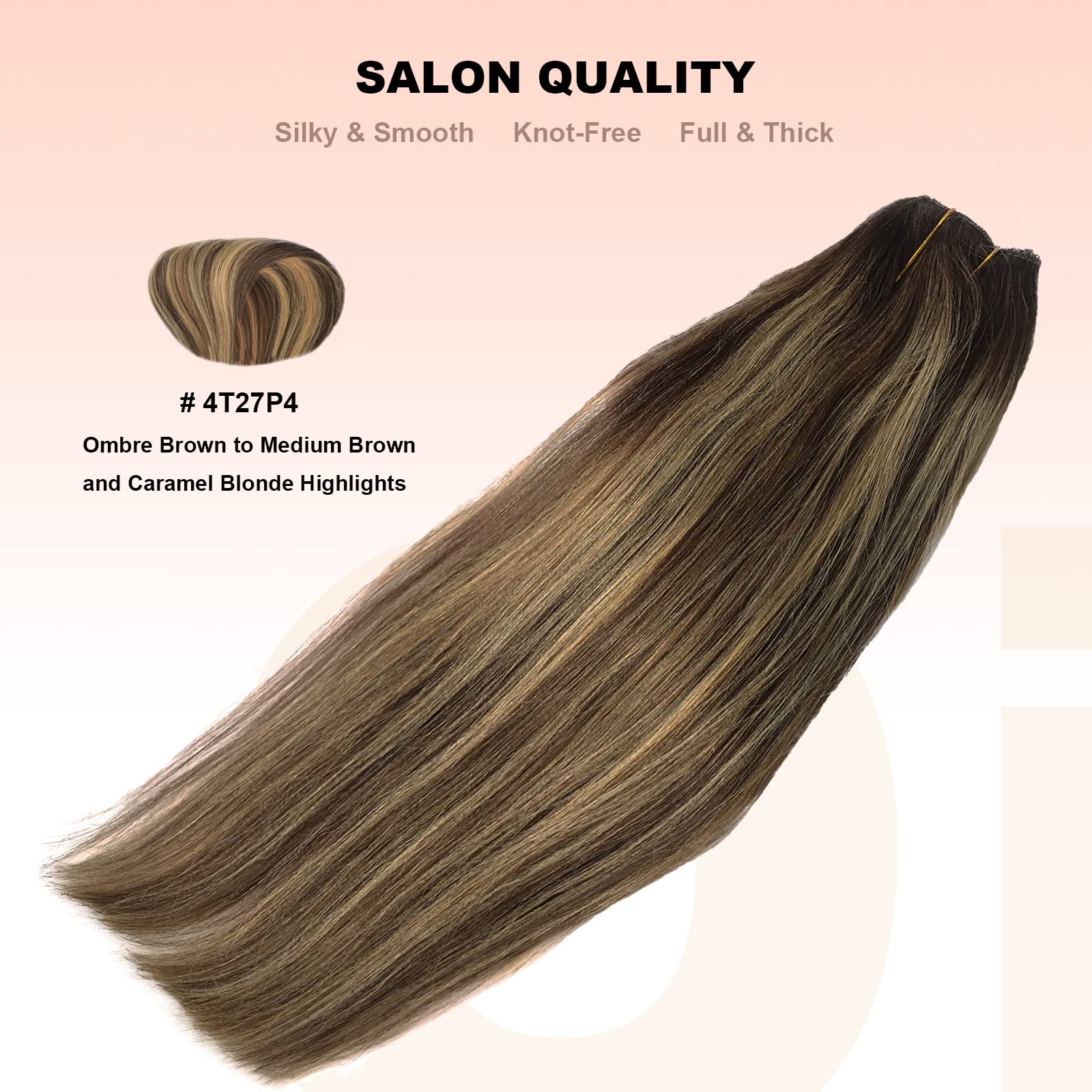 OiMiGO 20 Inch Human Hair Extensions with Invisible Fish Wire - Adjustable Size 100g Medium Brown Mix Caramel Blonde Balayage Highlights | Perfect for Daily Styling, Parties & Special Occasions