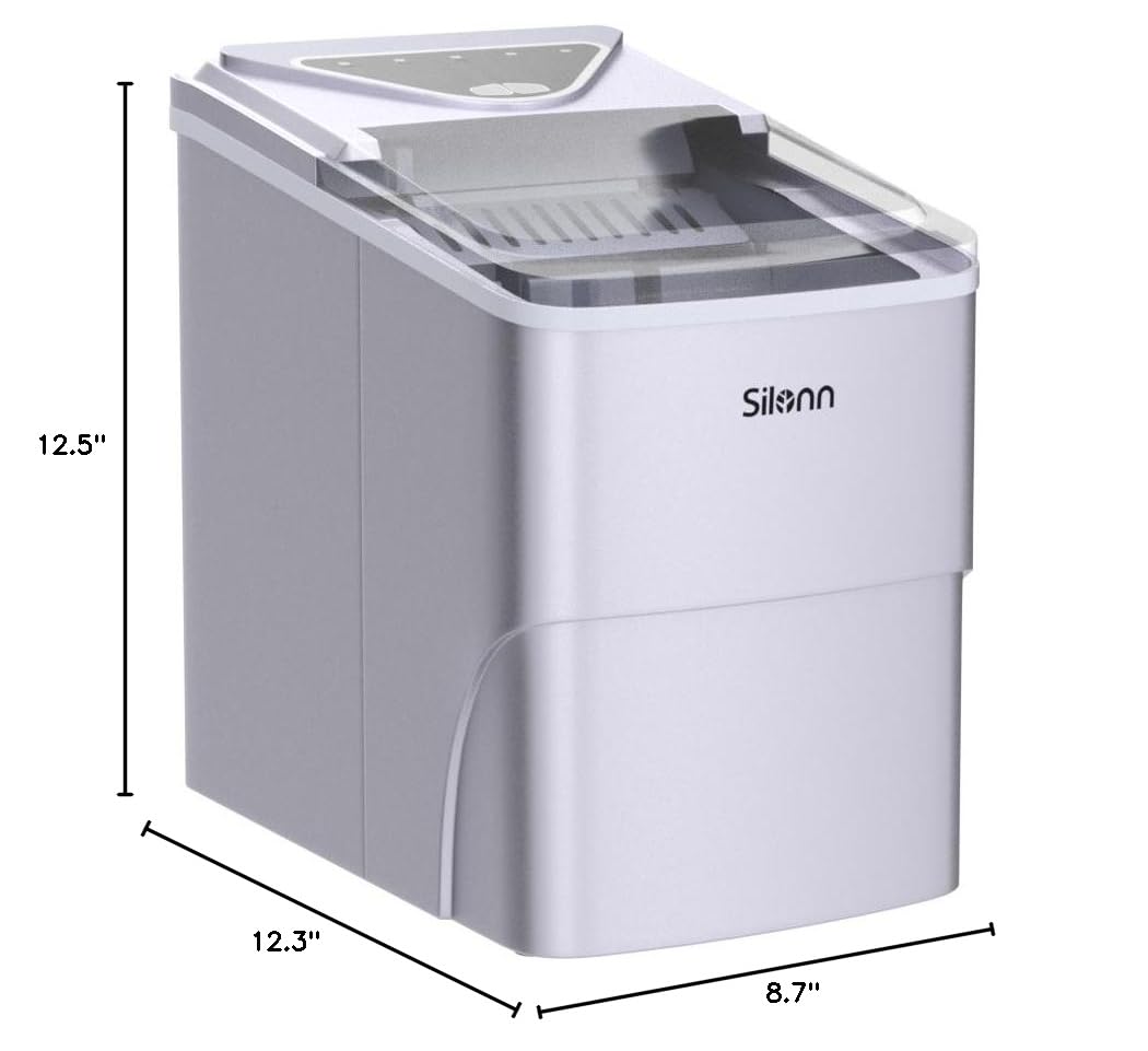 Silonn Countertop Ice Maker Machine - 9 Cubes in 6 Minutes, 26lbs Daily - Self-Cleaning with Ice Scoop & Basket - 2 Bullet Ice Sizes for Home, Kitchen, Office, Bar & Party Use - Silver (Perfect for Cocktails, Beverages & Entertaining)