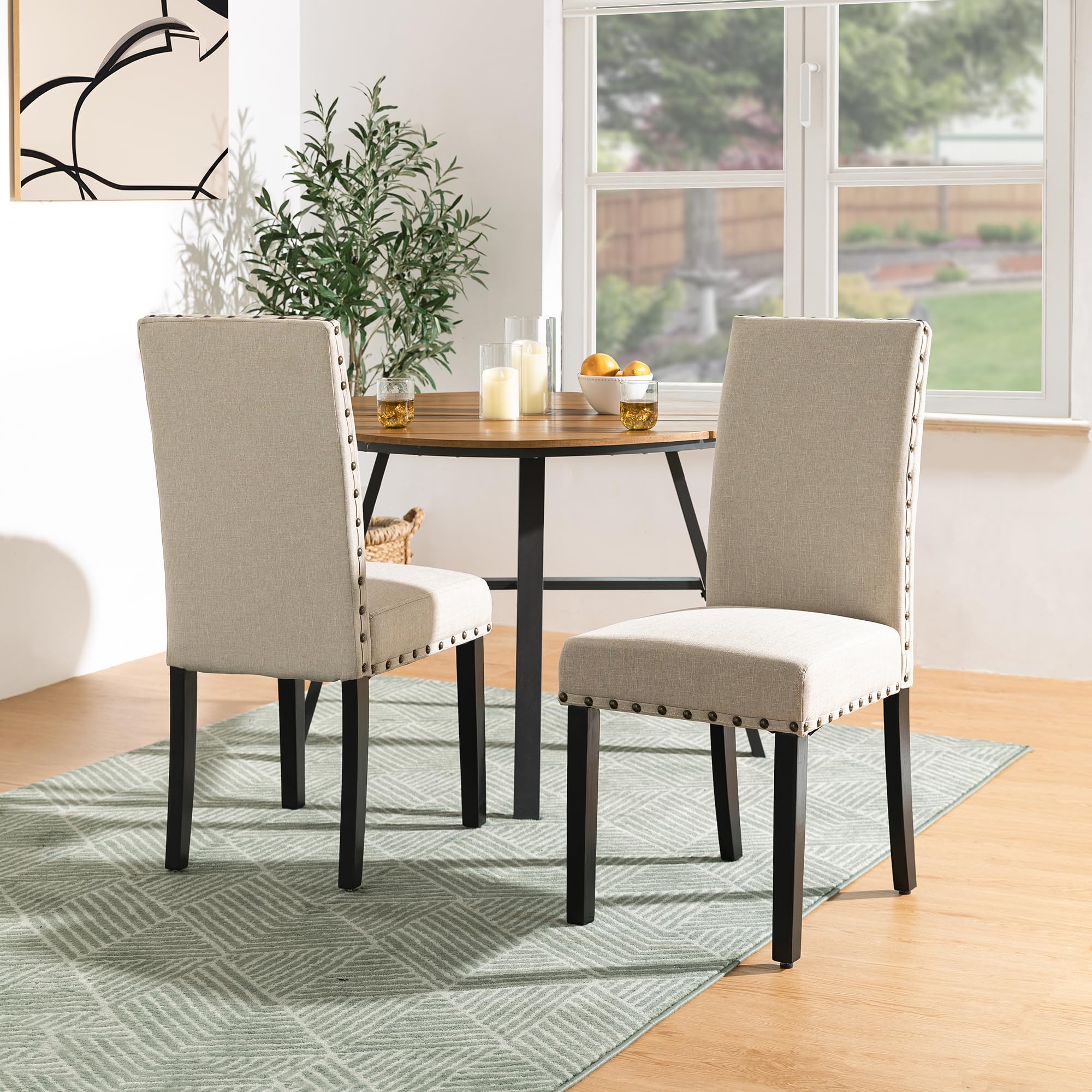 Glitzhome Set of 2 Upholstered Fabric Dining Chairs with Rubber Wood Legs, Beige - Modern Kitchen & Dining Room Furniture for Home Decor