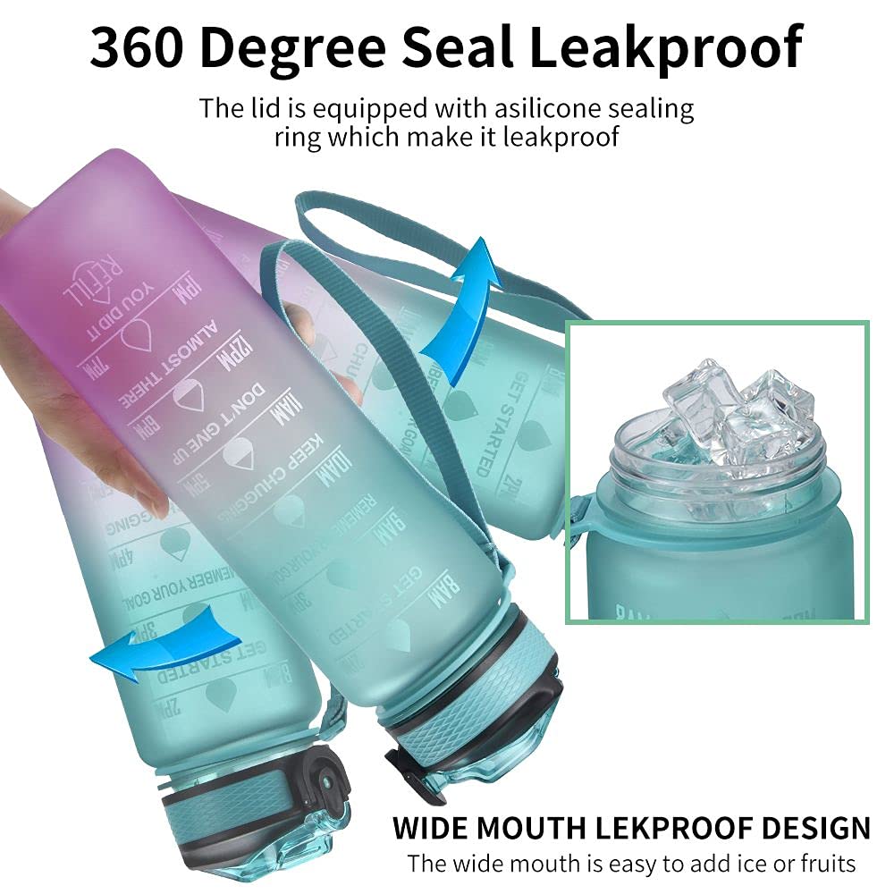 32oz Motivational Water Bottle with Time Marker & Straw - BPA Free, Fast Flow, Non-Toxic - Ideal for Gym, Fitness & Outdoor Sports - Perfect for Hydration Tracking During Workouts, Hiking & Running (Green & Purple)