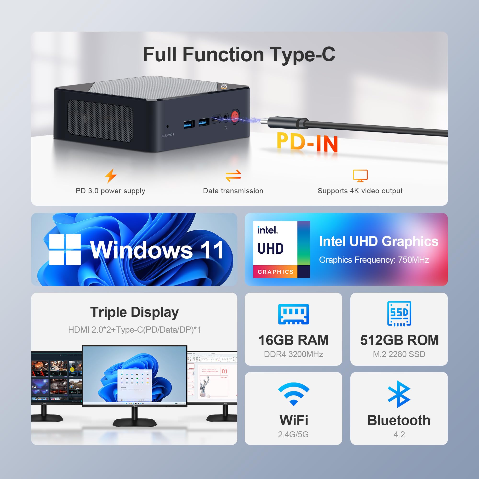 Mini PC B100 - Intel Alder Lake N100, 16GB DDR4 RAM, 512GB SSD, USB-C Docking Support, 4K Triple Display, 2.5G Ethernet - Perfect for Home Office, Gaming & Digital Signage