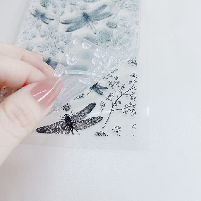 NZJ Spring Flower Grass Corner Dragonfly Clear Stamps for Card Making, DIY Scrapbooking & Paper Crafts - Transparent Rubber Stamps with Nature Design (Perfect for Greeting Cards, Journals, Invitations)