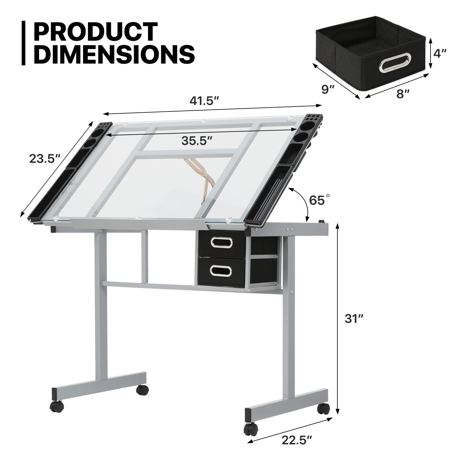 MoNiBloom Adjustable Drafting Table with Wheels, Storage & Side Tray - 0-65° Angle Glass Art Desk with Replaceable Feet for Artists, Architects & Designers - Perfect for Studio, Office & Home Workspace