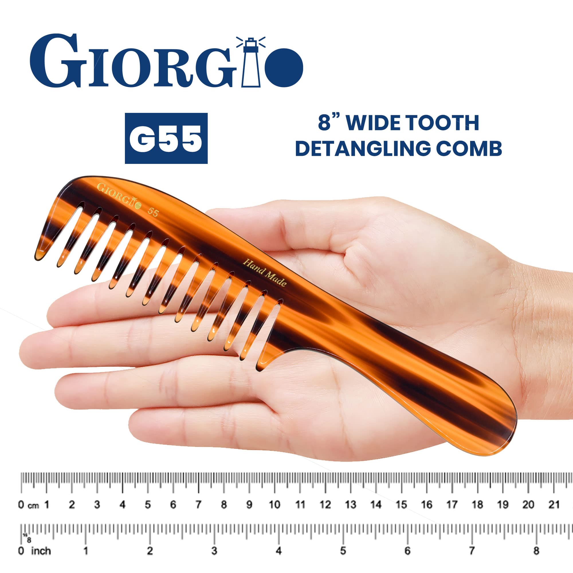 Giorgio G55 Wide Tooth Comb for Wet Hair - Detangling Comb for Thin to Medium Thickness Hair - Handmade Large Tooth Rake Comb for Women (Saw-Cut & Hand Polished) - Perfect for Shower, Salon & Daily Hair Care