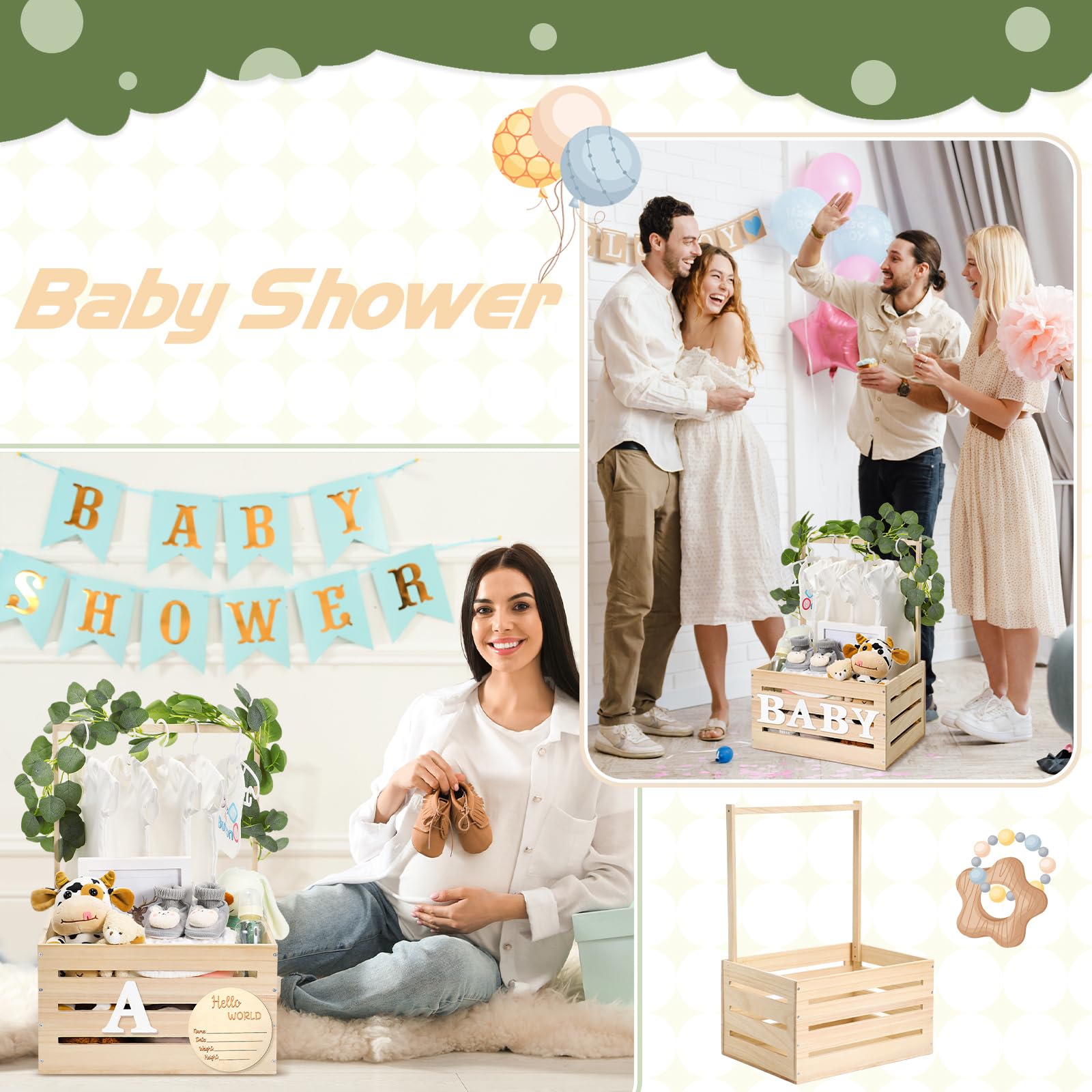 Barydat Wooden Baby Shower Crate with Handle - Baby Announcement Sign Garland Hangers & Large Letters - Perfect for Pregnancy Announcements, New Parent Parties & Nursery Decor (Beige) | Ideal for Baby Showers, Gender Reveals & Nursery Organization