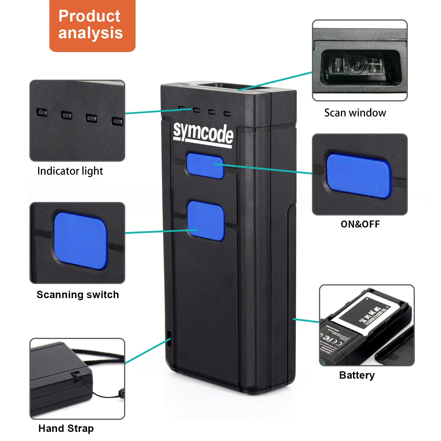Symcode Bluetooth Wireless Barcode Scanner - 2.4GHz Portable Barcode Reader for Windows, Mac, Android, iOS Devices | Ideal for Retail Stores, Warehouses & Inventory Management