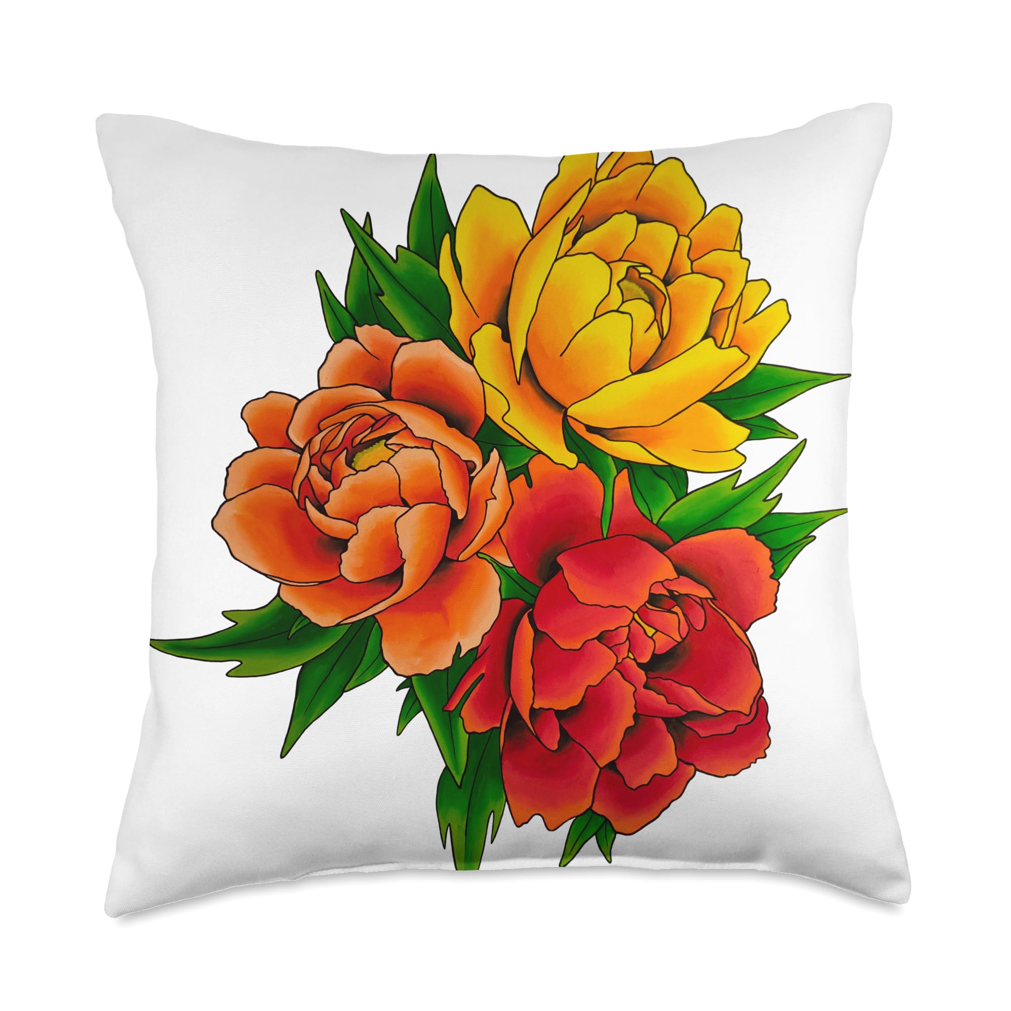 Pink Peony Red Rose Yellow Hibiscus Floral Throw Pillow Covers - Soft Decorative Cushion for Living Room Sofa, Bedroom & Home Decor