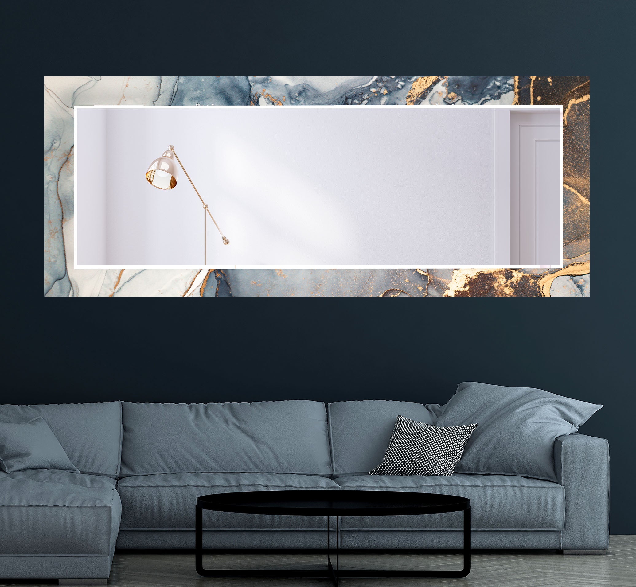 Luxury Blue & Gold Marble Glass Wall Mirror - Modern Statement Decor for Living Room, Bedroom, Entryway & Bathroom