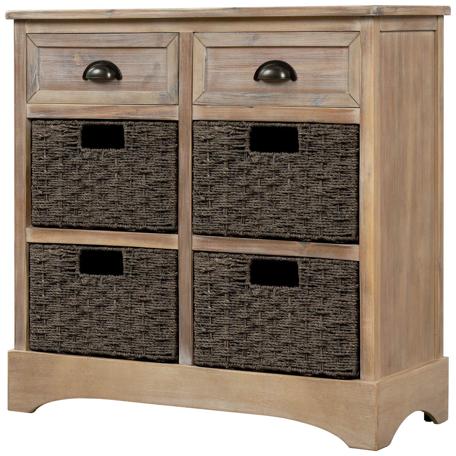 Rustic White Washed Wicker Storage Cabinet with 2 Drawers & 4 Rattan Baskets - Entryway Table, Hallway Organizer, Kitchen Storage, Living Room Accent Furniture - Perfect for Farmhouse, Cottage & Coastal Home Decor