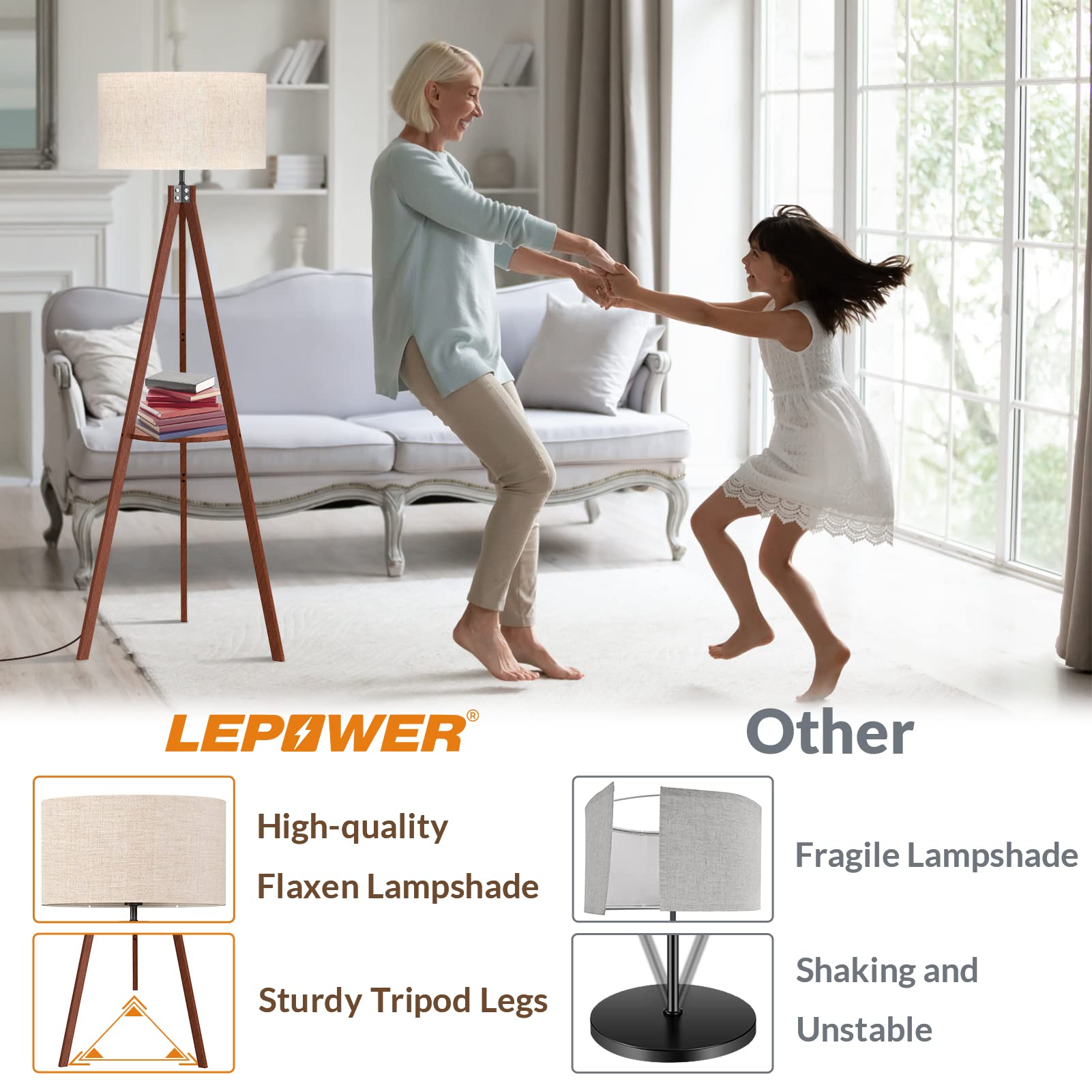 LEPOWER Dark Brown Mid Century Wood Tripod Floor Lamp - Vintage Standing Lamp for Living Room, Bedroom & Office - Set of 2