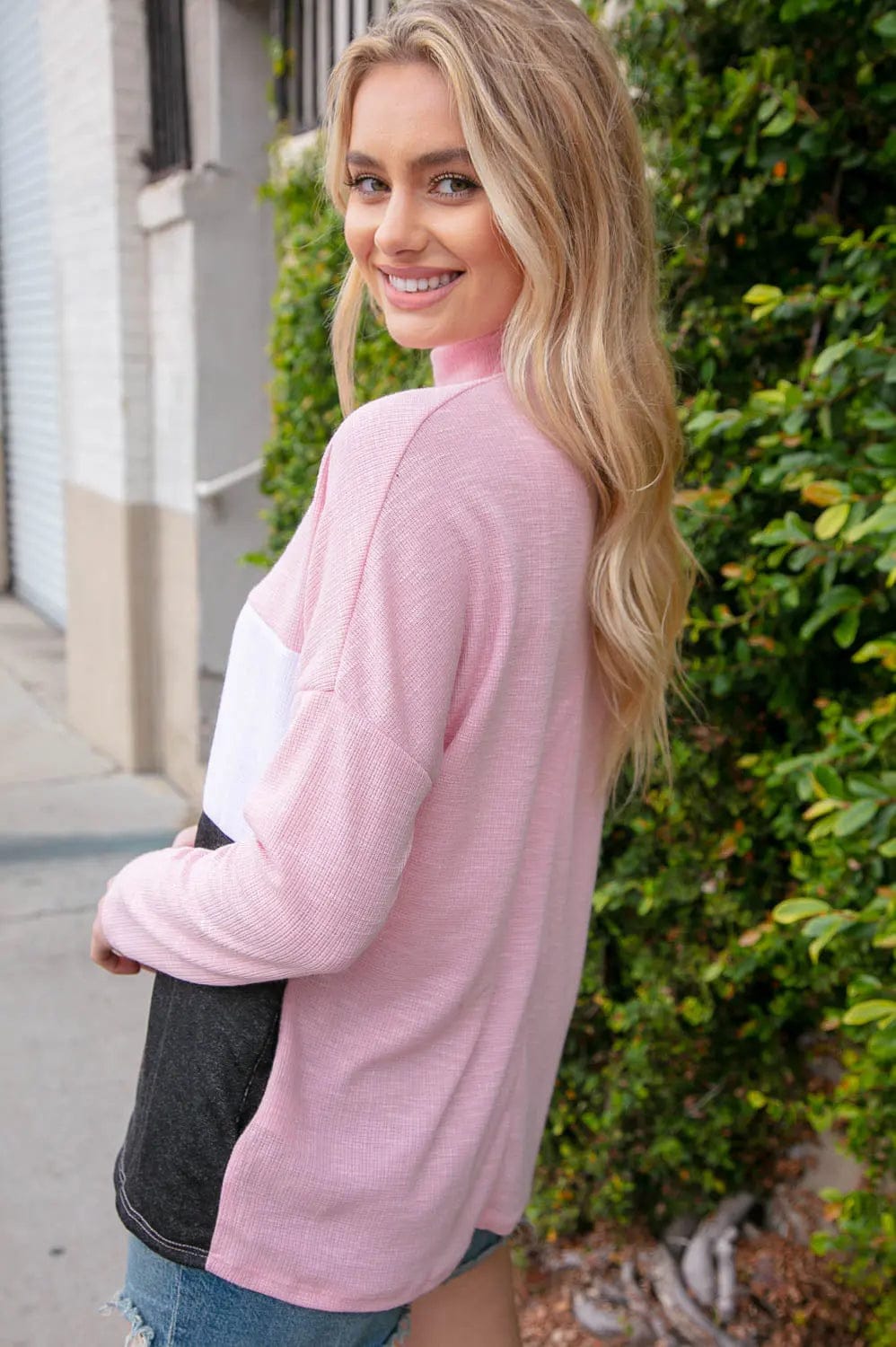 Trendy Blush Color Block Mock Neck Top with Side Pockets - Perfect for Casual Outings, Office Wear & Date Nights