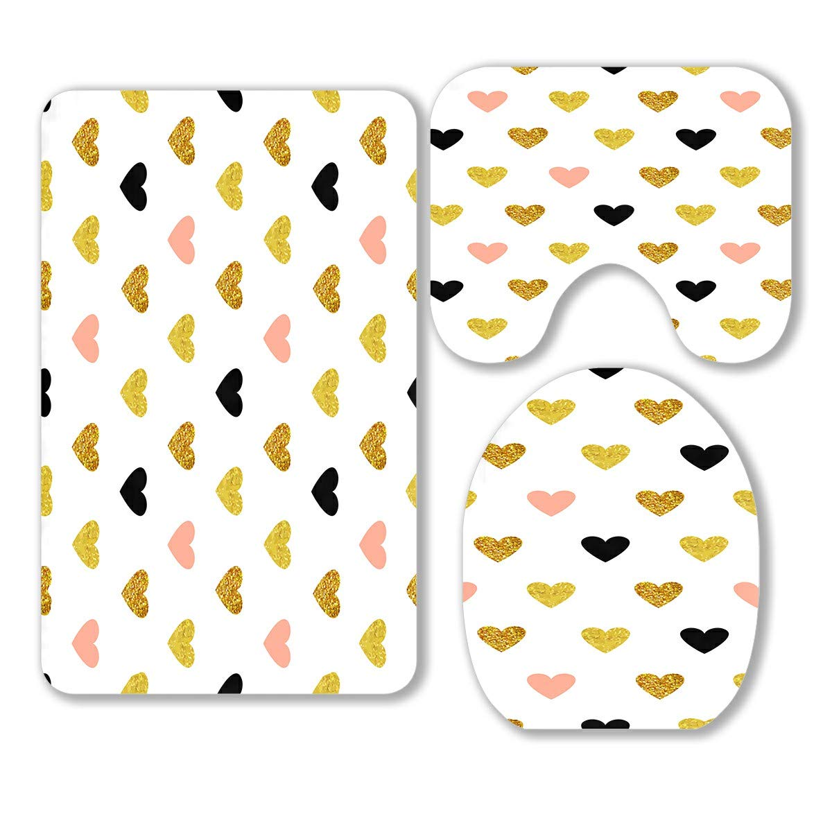 Hearts Rose Gold & Black Bathroom Rugs Set - 3 Piece Non-Slip Bath Mat, Contour Mat & Toilet Lid Cover for Elegant Bathroom Decor | Soft & Absorbent for Bath, Shower & Vanity Areas