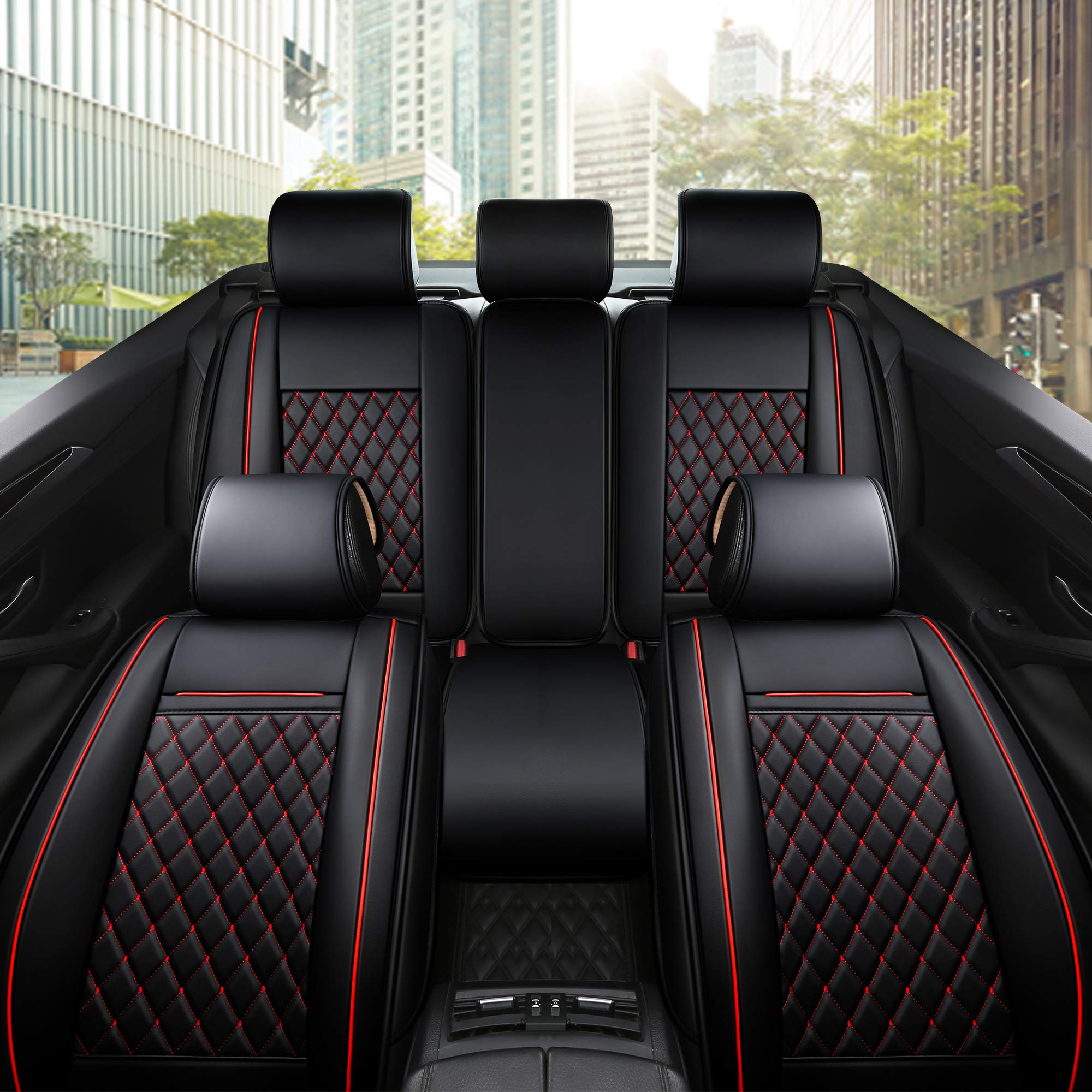 Easy to Clean Synthetic Leather Car Seat Cushions - Universal Fit Car Seat Cover for Toyota Corolla, Chevy Cruze, Subaru Legacy, Chevy Malibu, Nissan Maxima, Toyota Tacoma (Black with Red Stitching, Full Set) | Waterproof & Comfortable for Daily Commute, Road Trips & Long Drives