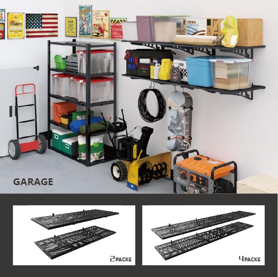 Heavy Duty Garage Wall Shelves 2 Pack - 500 lbs Capacity Floating Shelves for Garage Storage, 1.5x3.8ft Black Metal Shelving - Perfect for Organizing Tools, Bikes & Garage Equipment (Space Saving Solution)