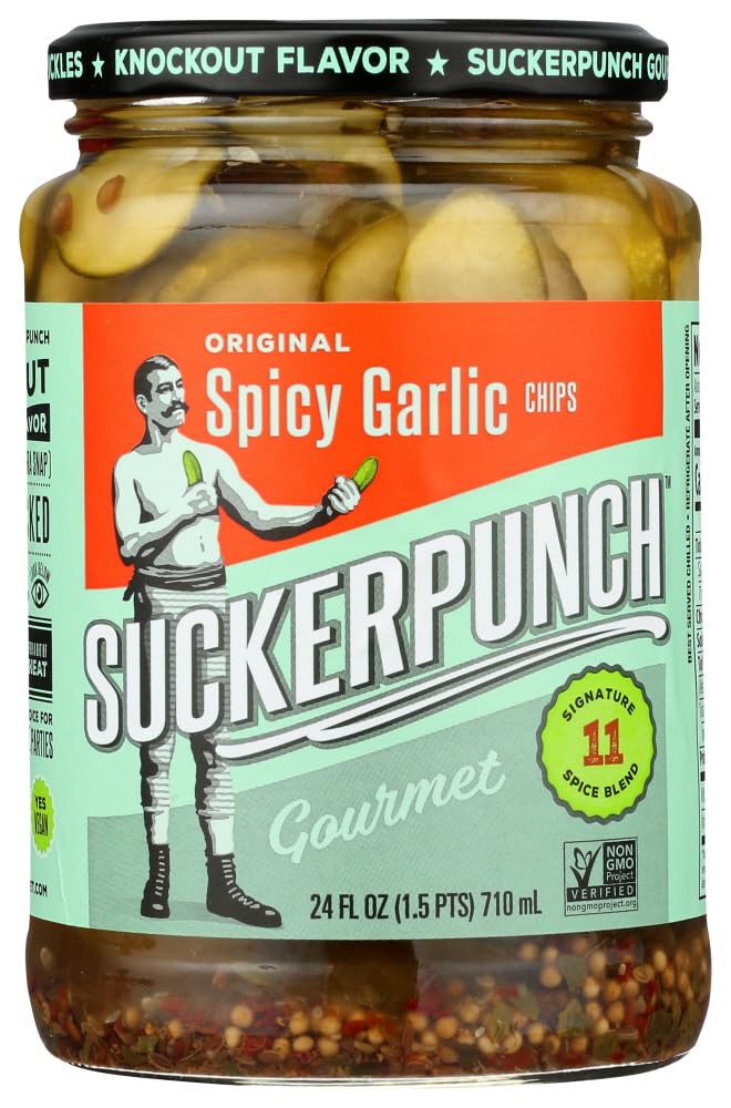 SuckerPunch Spicy Garlic Original Pickles - 24oz (Pack of 12) | Bold & Tangy Flavor | Perfect for Burgers, Sandwiches & Snacking | Great for BBQs, Parties & Gifts