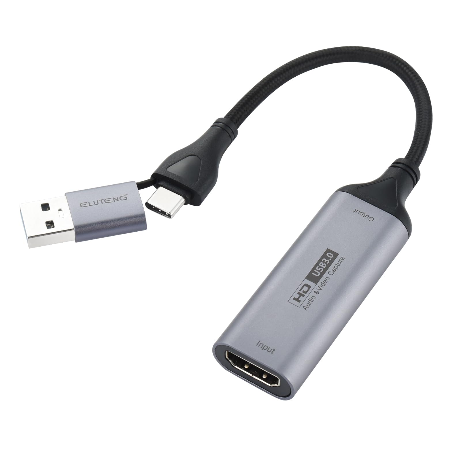 ELUTENG 4K HDMI to USB C Capture Card - USB 3.0 Video Audio Grabber for 1080P/4K Game Recording & Live Streaming - Compatible with Gaming, Teaching, Video Conference (Includes USB/Type-C Adapter) - Perfect for Twitch Streaming, Online Classes & Remote Work