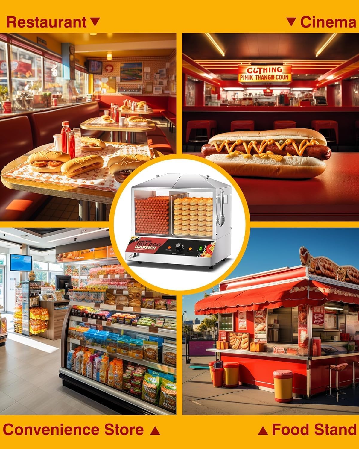 Commercial Hot Dog Steamer 36L/38QT with Bun Warmer - Stainless Steel Cabinet & Tempered Glass - Holds 200-275 Sausages & 45 Buns - 1200W for Restaurants, Food Trucks, and Catering Events