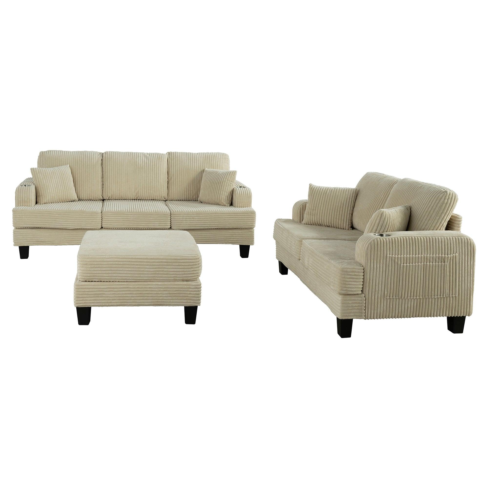 Beige 3-Piece Sectional Sofa Set with Storage Ottoman - 3-Seater Couch & Loveseat for Living Room, Includes USB Charging Ports, Side Pockets & Throw Pillows - Perfect for Family Gatherings, Movie Nights and Small Space Apartments
