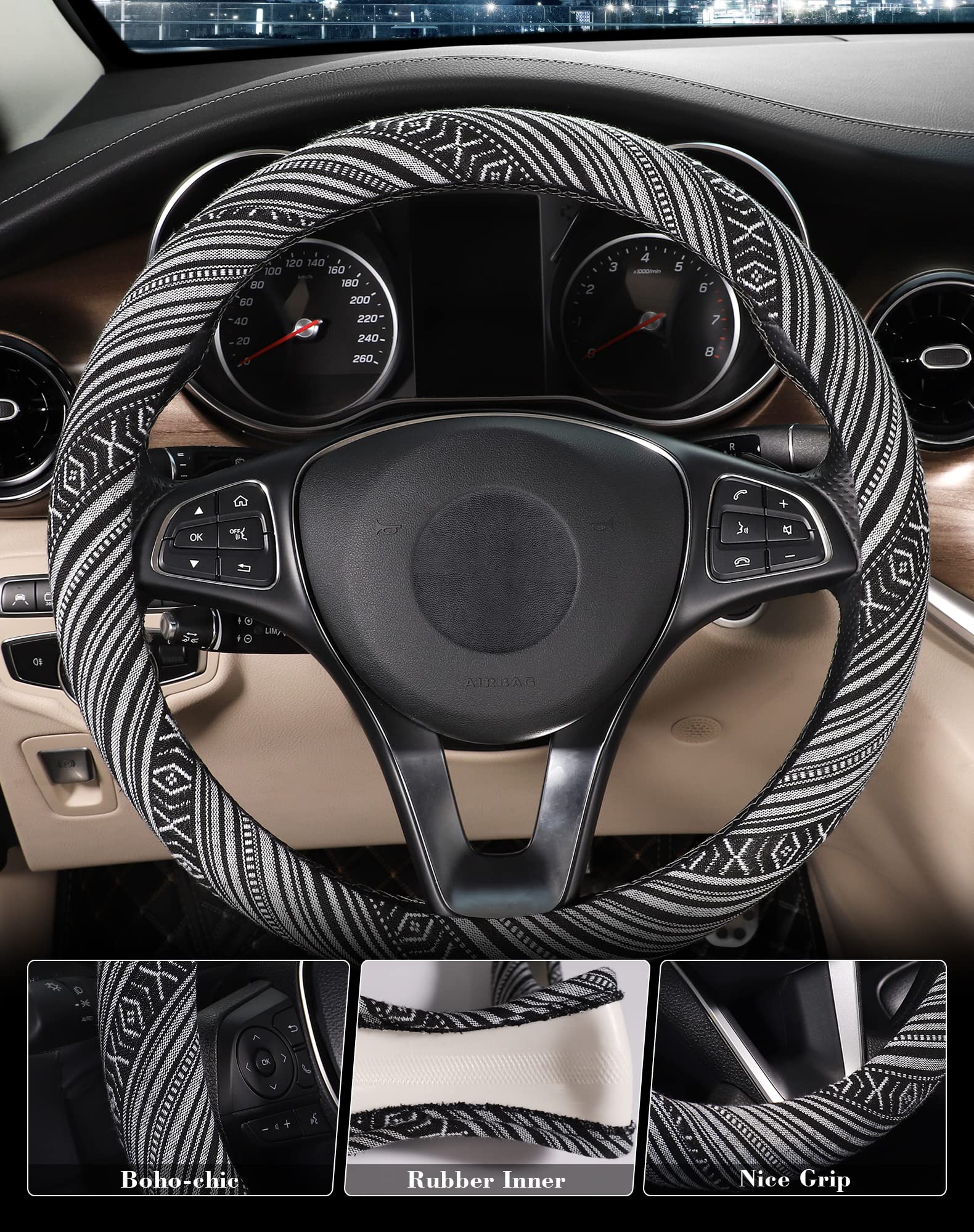 Boho Steering Wheel Cover - Ethnic Style Baja Blanket Cloth with Coarse Flax - Fits 14.5-15.25 Inch Car Wheels - Perfect for Hippie, Vintage & Boho Style Car Interiors