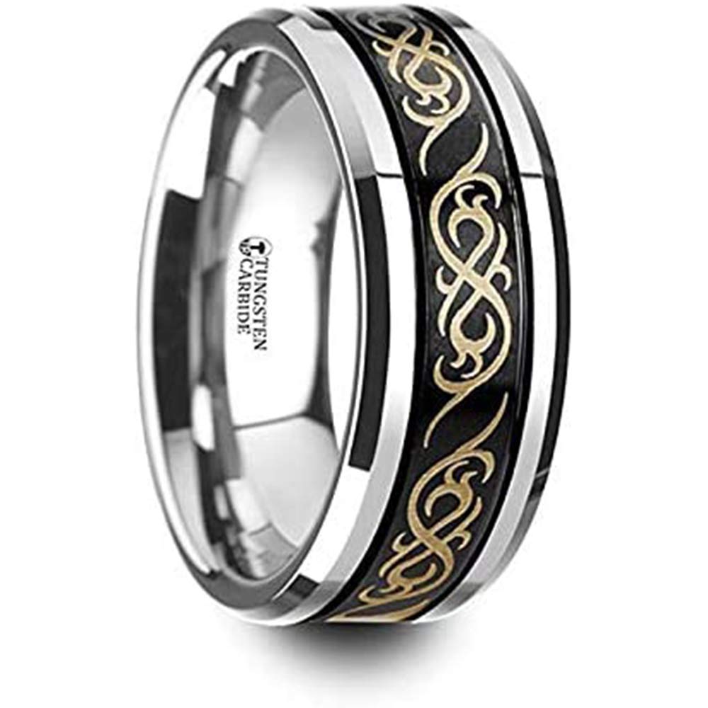 Raizen Black Tungsten Carbide Wedding Band for Men - 8mm Wide with Celtic Knot Laser Engraving, Dual Groove Design & Polished Beveled Edges - Perfect for Anniversary Gifts, Engagements and Everyday Wear