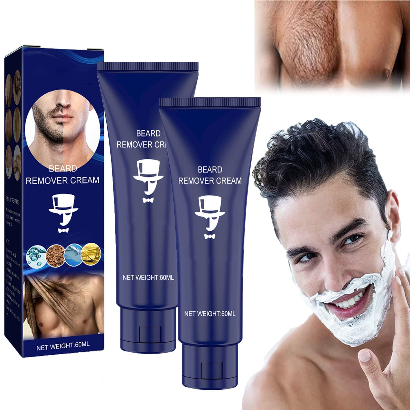 Permanent Hair Removal Cream for Men - 60g Beard & Body Hair Remover, All Skin Types, Painless & Effective (2-Pack) - Ideal for Face, Chest, Back & Legs