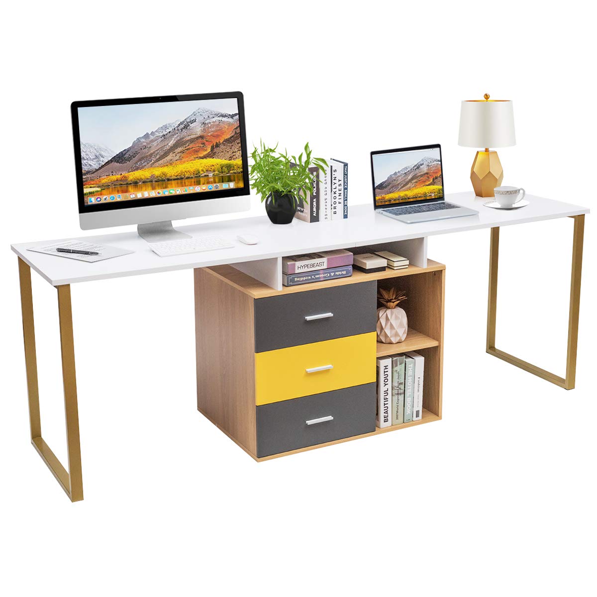 Tangkula 87 Inch L-Shaped Computer Desk with 3 Storage Drawers & Shelves - Spacious 2-Person Office Desk for Home, Gaming & Workstation | Large Writing Desk with Sturdy Frame for Home Office, Study & Workspace