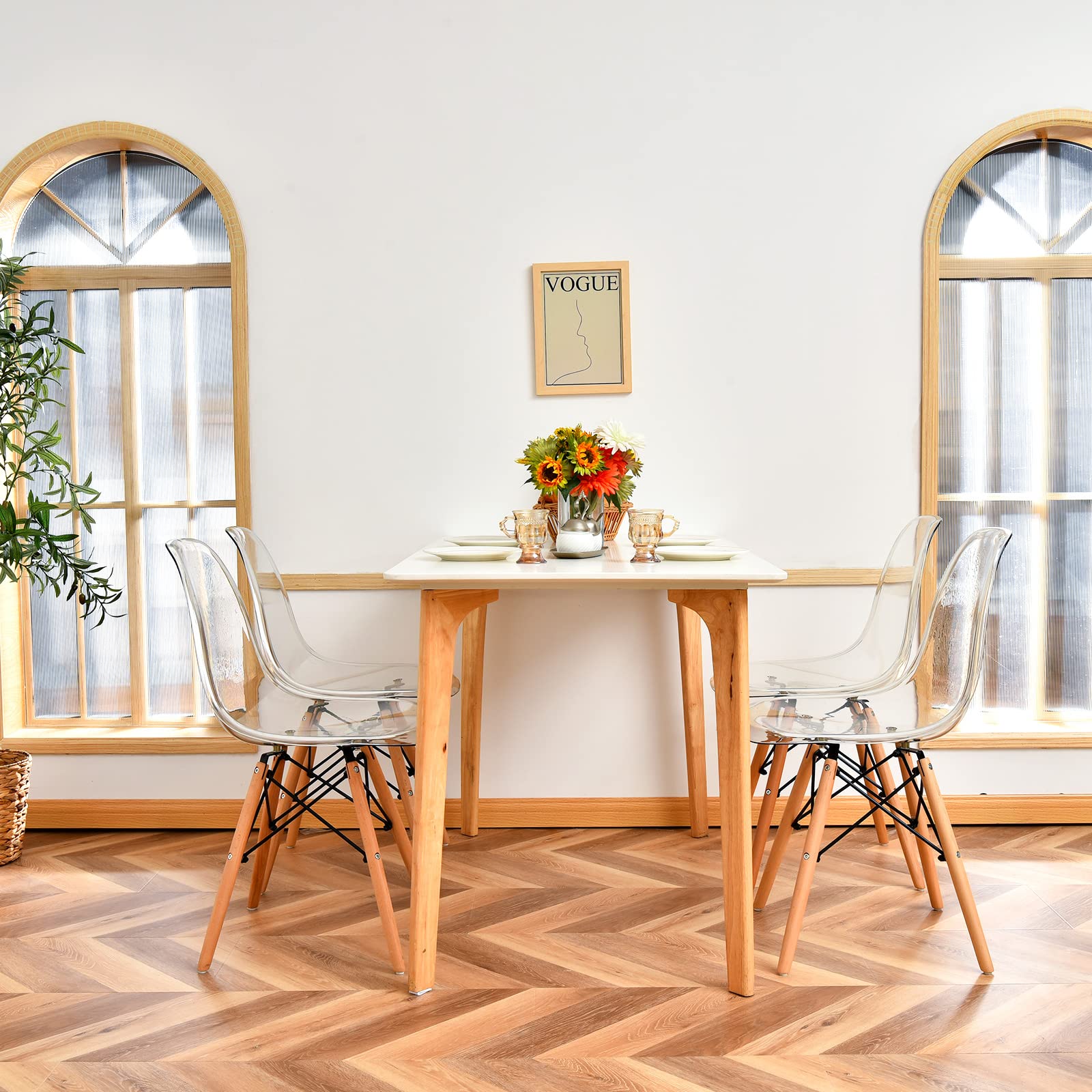 Giantex Set of 4 Clear Acrylic Dining Chairs with Beech Wood Legs - 330 Lbs Capacity, Pre-Assembled Modern Kitchen Chairs for Dining Room, Restaurant, or Office - Mid Century Transparent Side Chairs for Home Decor