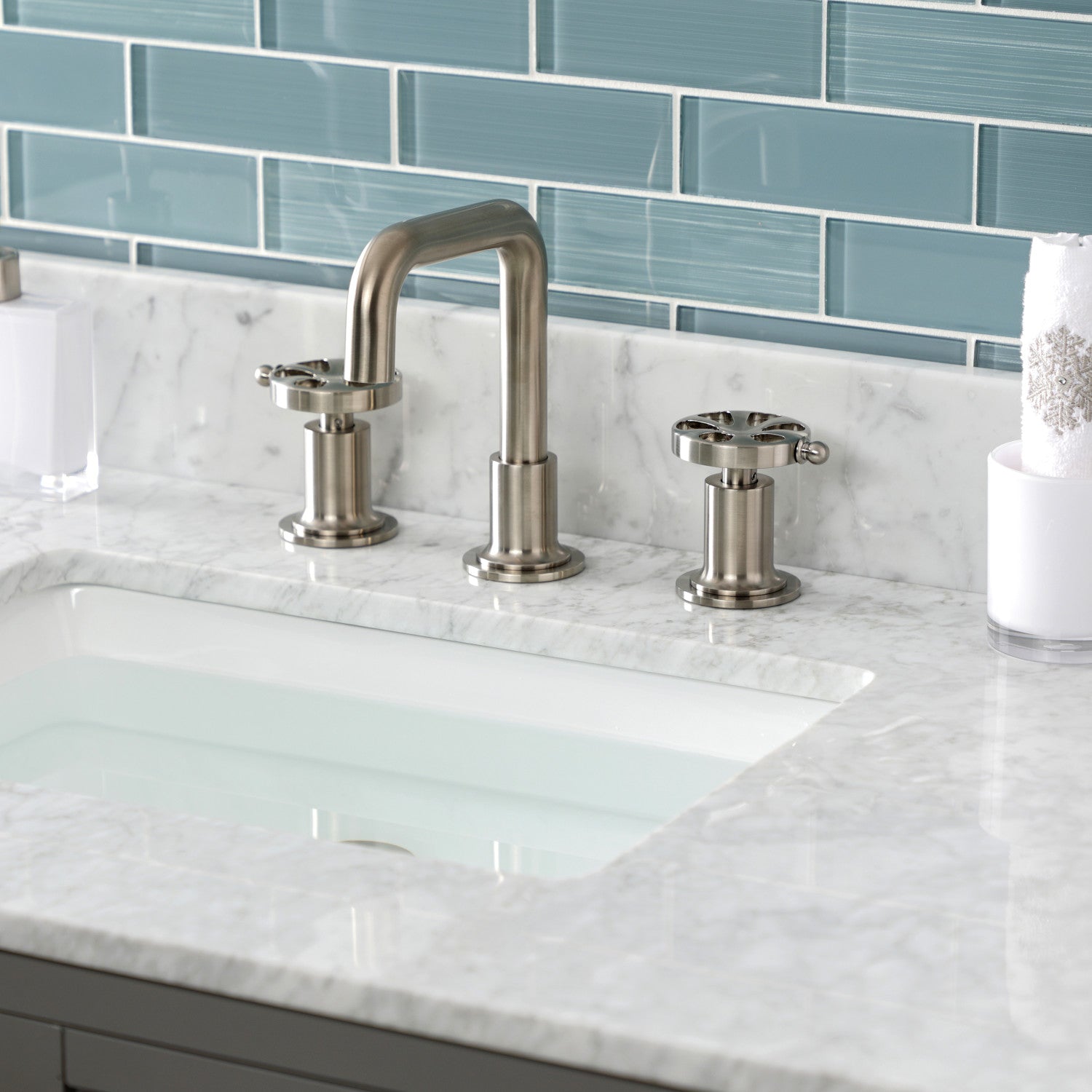 Belknap KS142RXBN Brushed Nickel Widespread Bathroom Faucet - 3 Hole Deck Mount with Push Pop Up Drain - Perfect for Modern Bathroom Vanities & Sink Upgrades