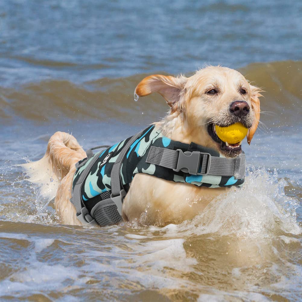 EMUST Adjustable Dog Life Jacket with Rescue Handle - Flotation Vest for Small/Medium/Large Dogs (XS-XXL) - New Blue Camouflage Design - Perfect for Swimming, Boating & Water Safety