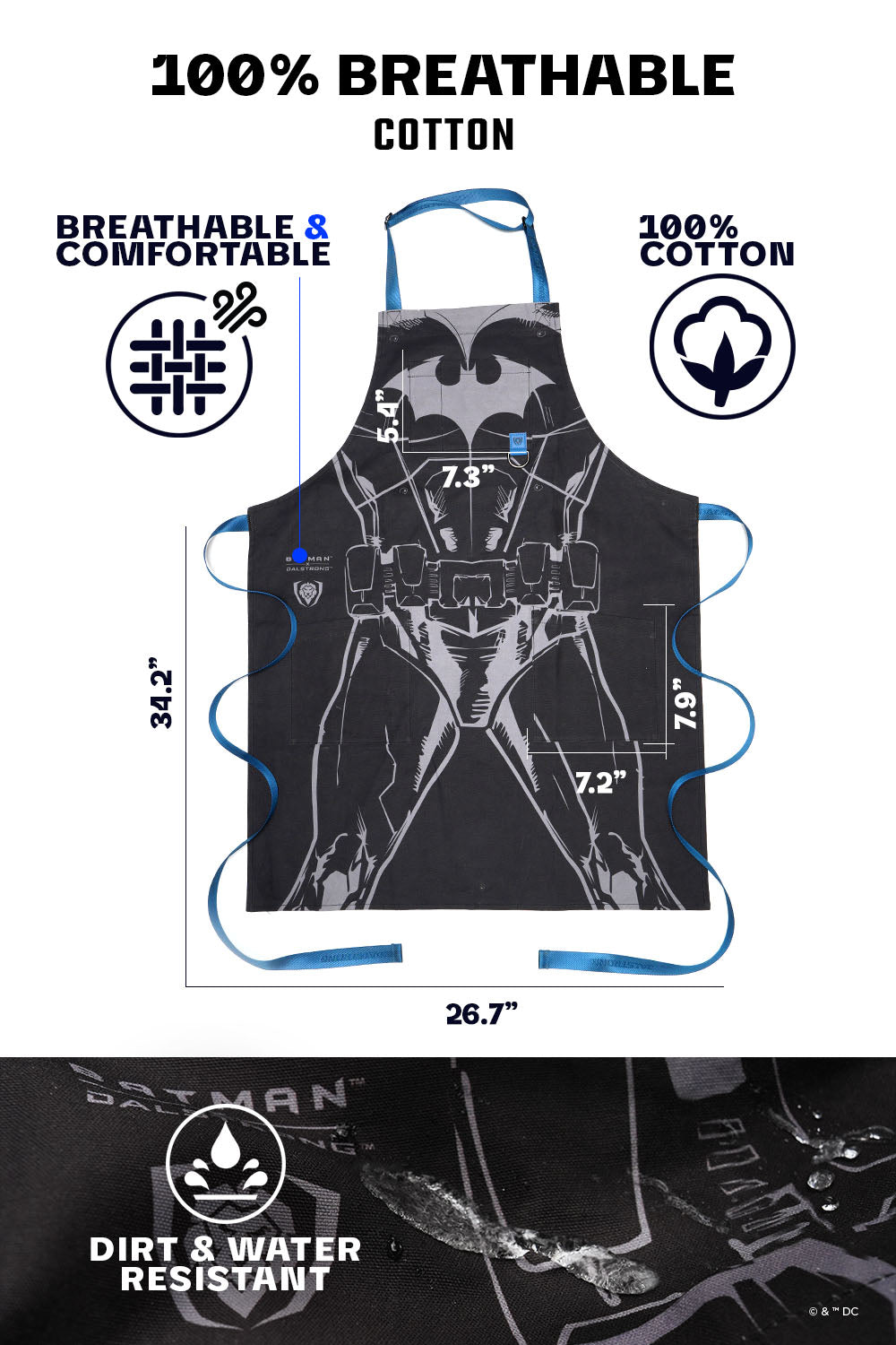 Premium Batman™ Edition Chef's Apron - 100% Breathable Cotton Black Crusader Design by Dalstrong © - Perfect for Cooking, Grilling & Cosplay Events