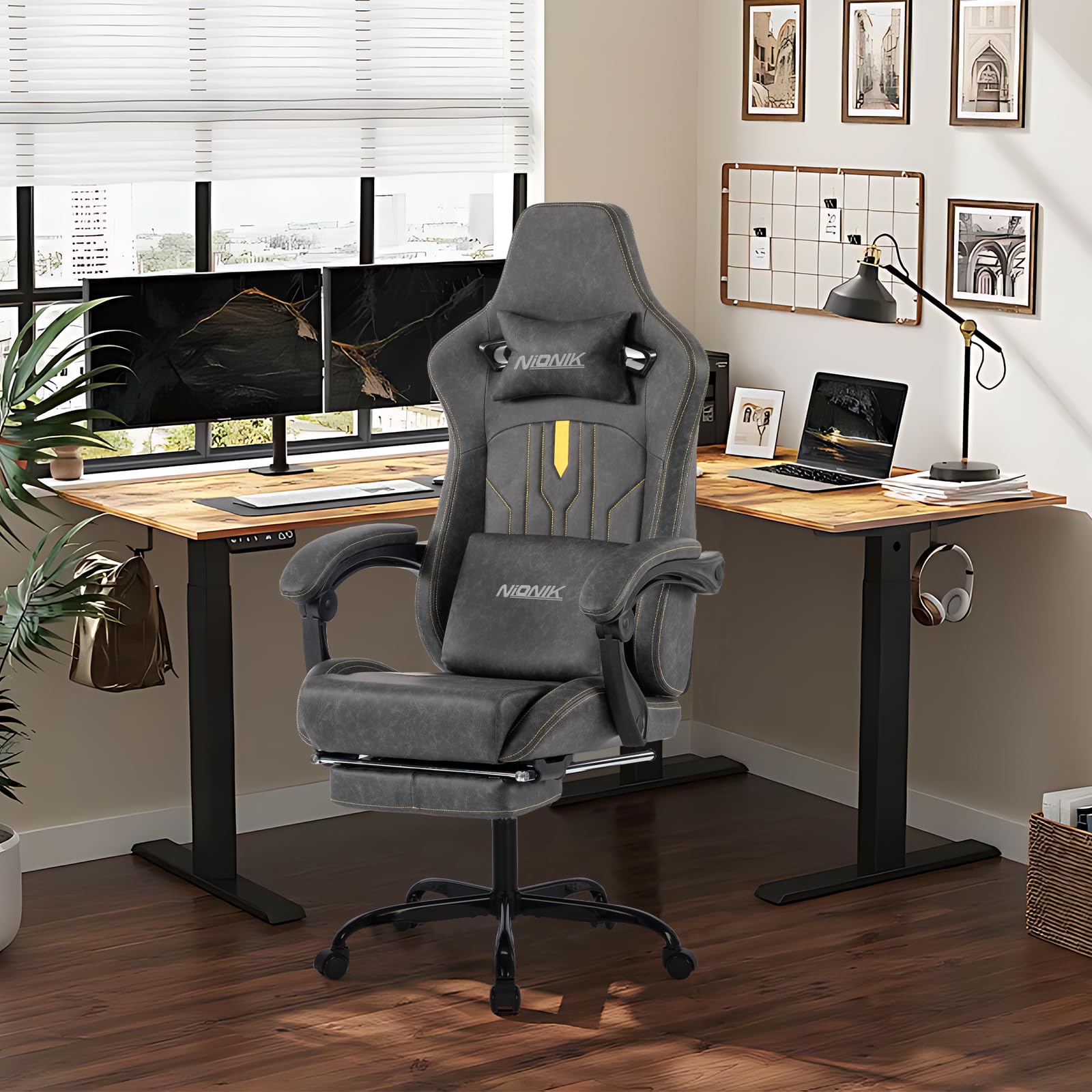 Premium Gaming Chair with Massage Lumbar Support & Footrest - Ergonomic Computer Chair with Adjustable Height & Linkage Armrests - PU Leather Racing Style Video Game Chair for Adults (Grey) - Perfect for Esports, Streaming & Home Office Setup