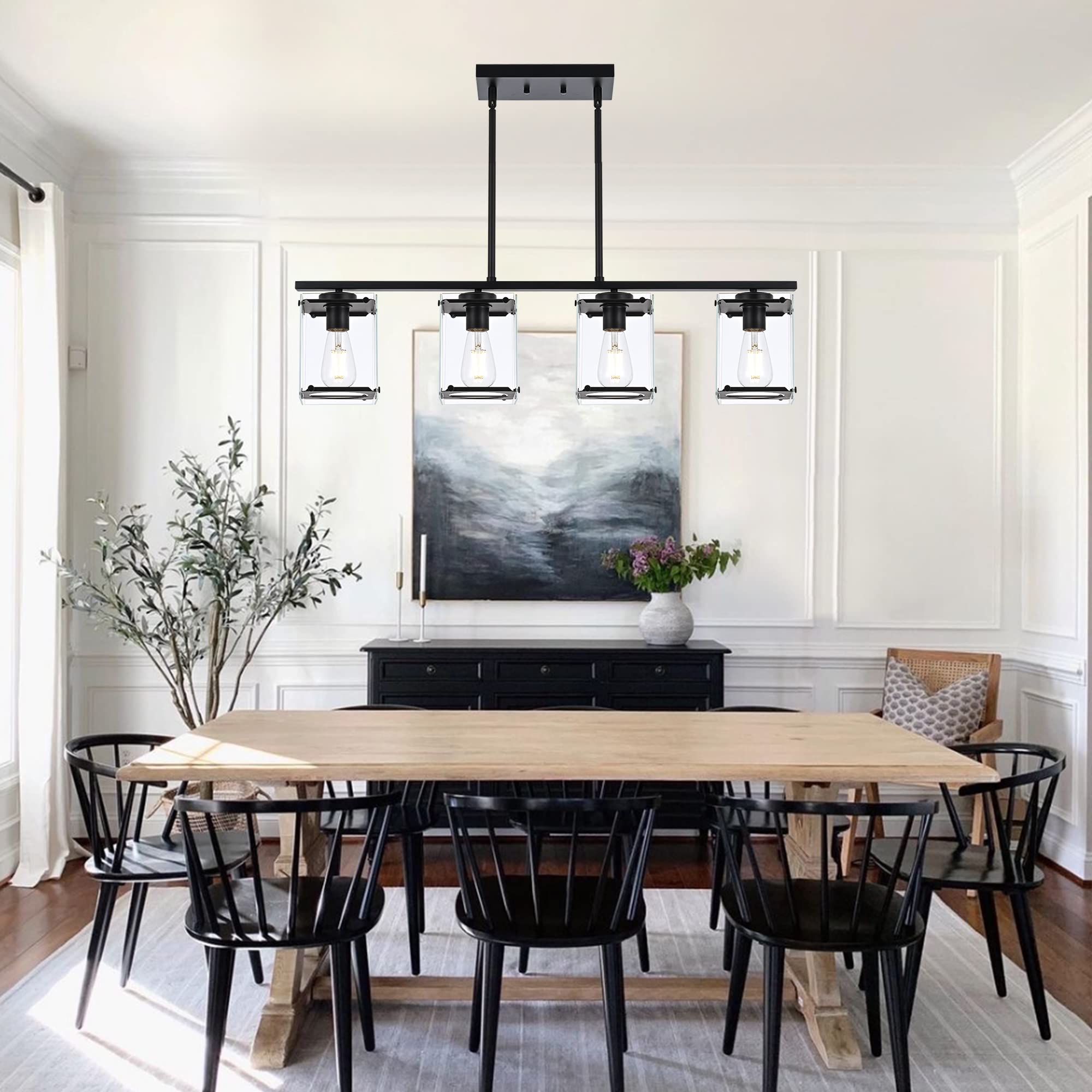 MELUCEE 4-Light Farmhouse Pendant Lighting - Matte Black Linear Chandelier with Clear Glass Shade for Kitchen Island, Dining Room, Foyer | Modern Rustic Home Decor Lighting Fixture