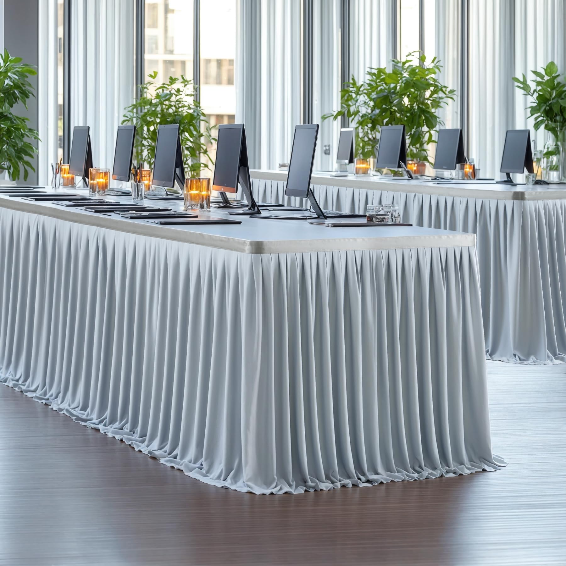 Gray Polyester Table Skirt 9ft - Wrinkle Resistant for Banquet & Wedding Decor