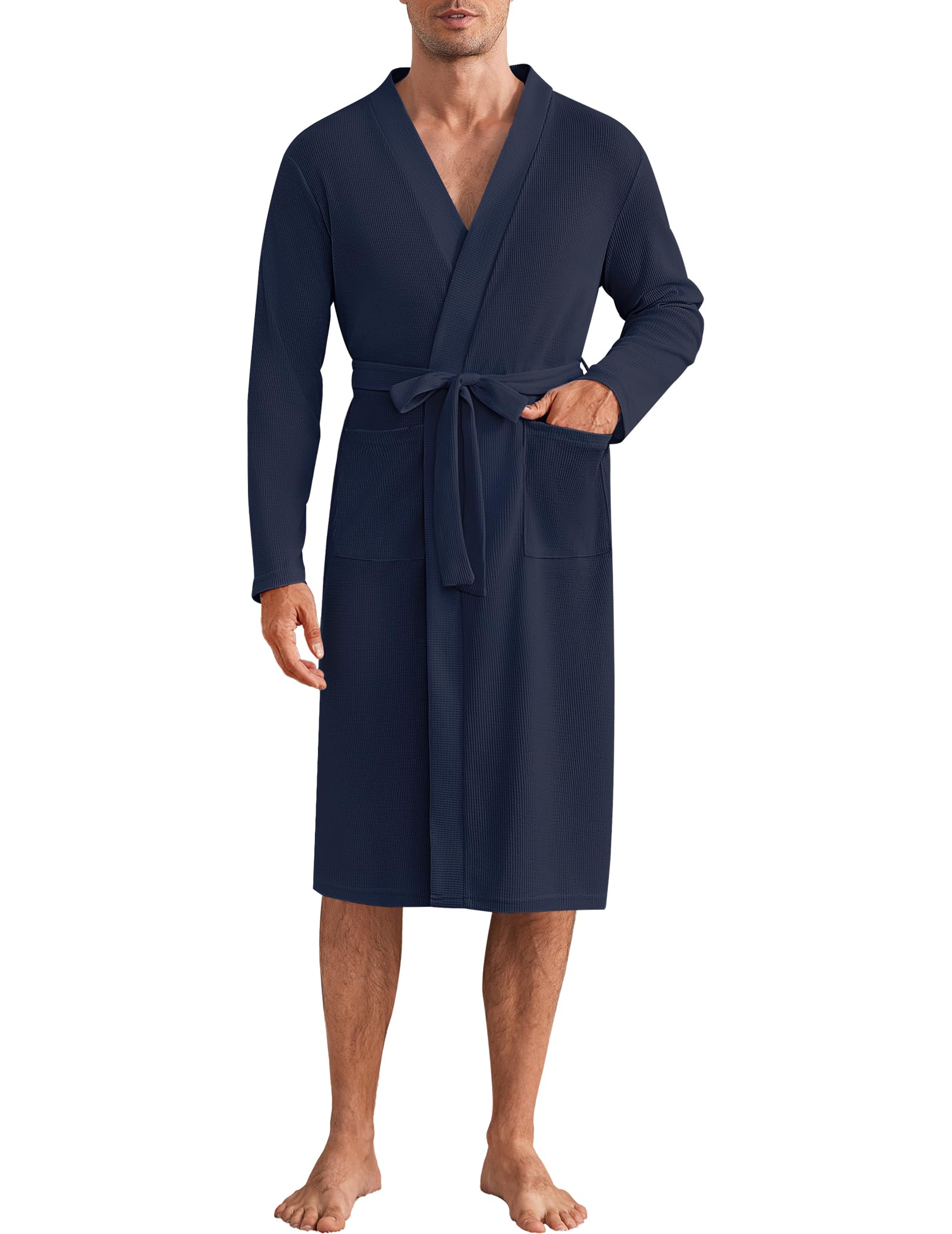Ekouaer Men's Lightweight Waffle Knit Bathrobe - Soft Kimono Style Spa Robe with Pockets, V-Neck Long Sleeve Sleepwear for Shower, Lounge & Relaxation at Home