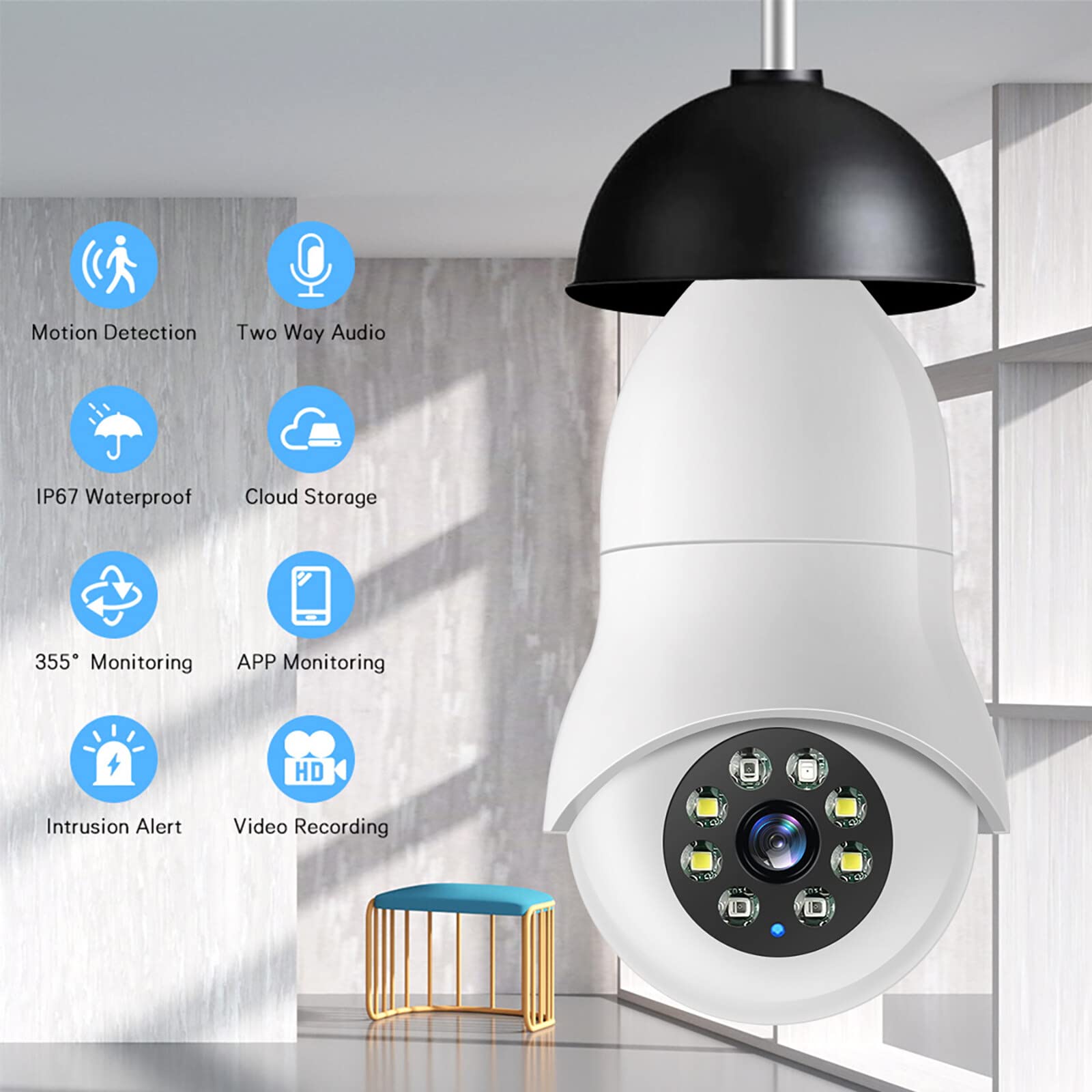Ruiqas E27 Smart Light Bulb Security Camera - 2.4GHz/5GHz WiFi, 1080P 2MP HD, 360° Panoramic View - Indoor/Outdoor Home Security Surveillance for Garage, Yard & Porch