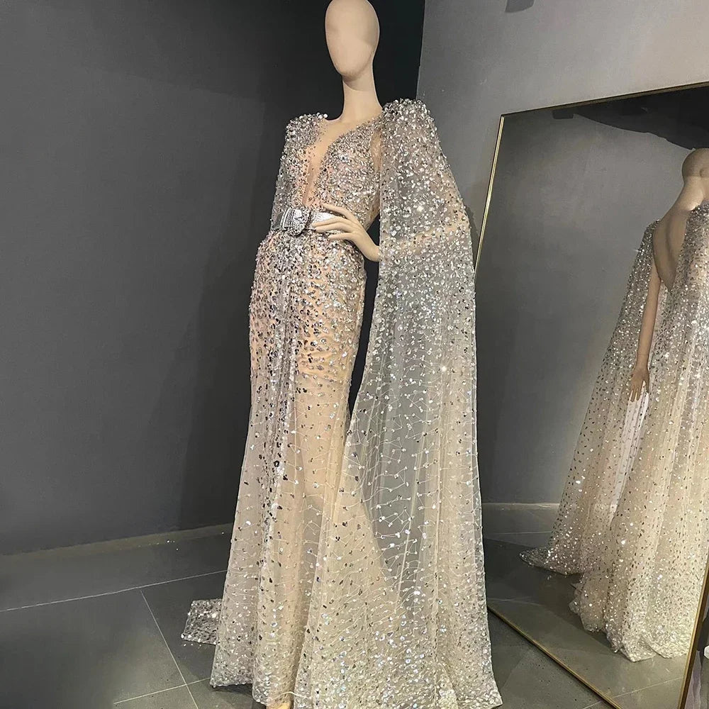Serene Hill Nude Mermaid Evening Gown with Luxury Cape Sleeves - Beaded Elegant Backless Dress for Women's Party 2025 LA71561 | Perfect for Prom, Gala, Red Carpet & Formal Events