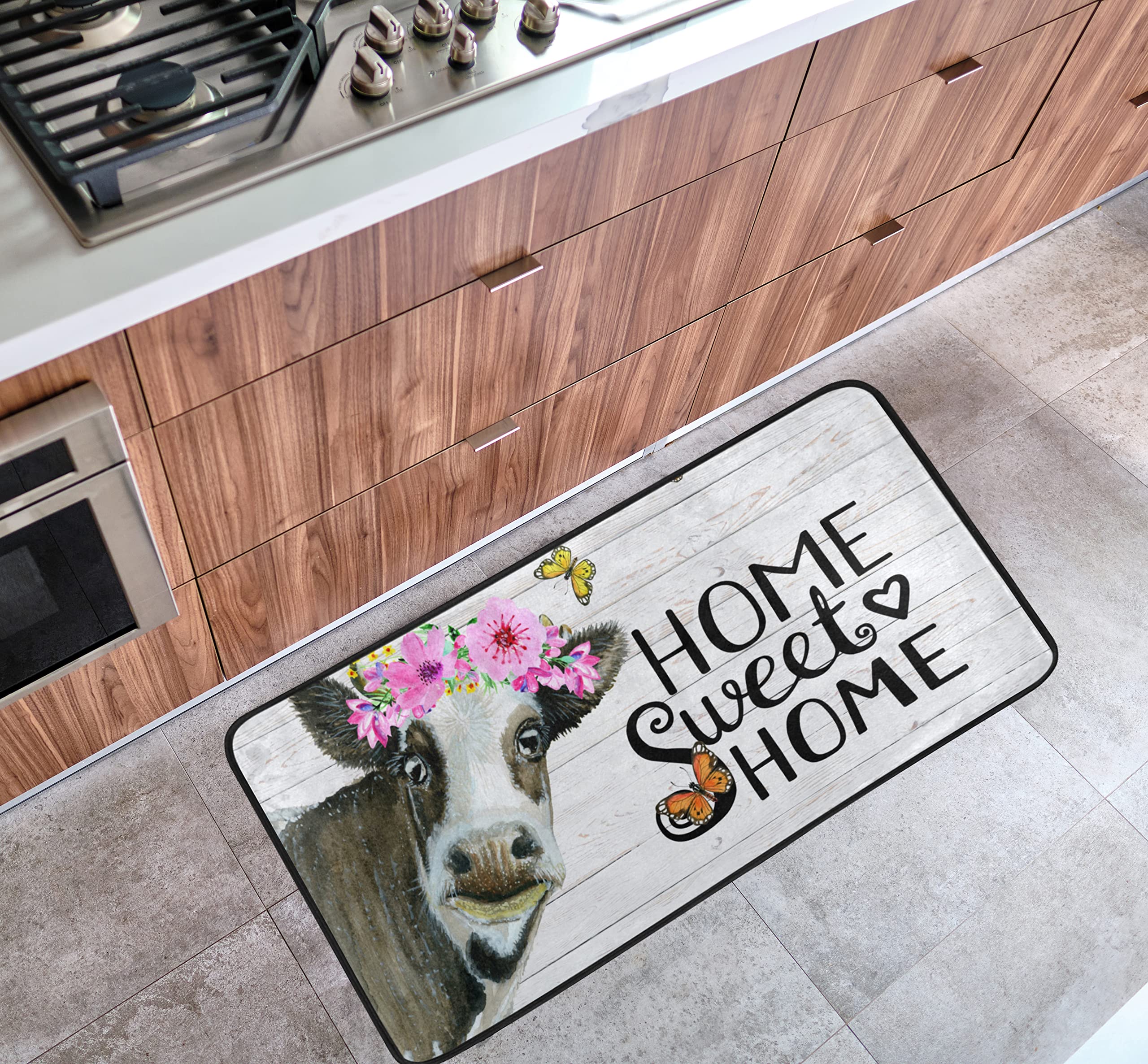 Premium Cow Print Kitchen Rugs - Farmhouse Floral Memory Foam Bath Mat, Non-Slip Absorbent Washable Floor Mat for Home, Hotel & Doorway (39