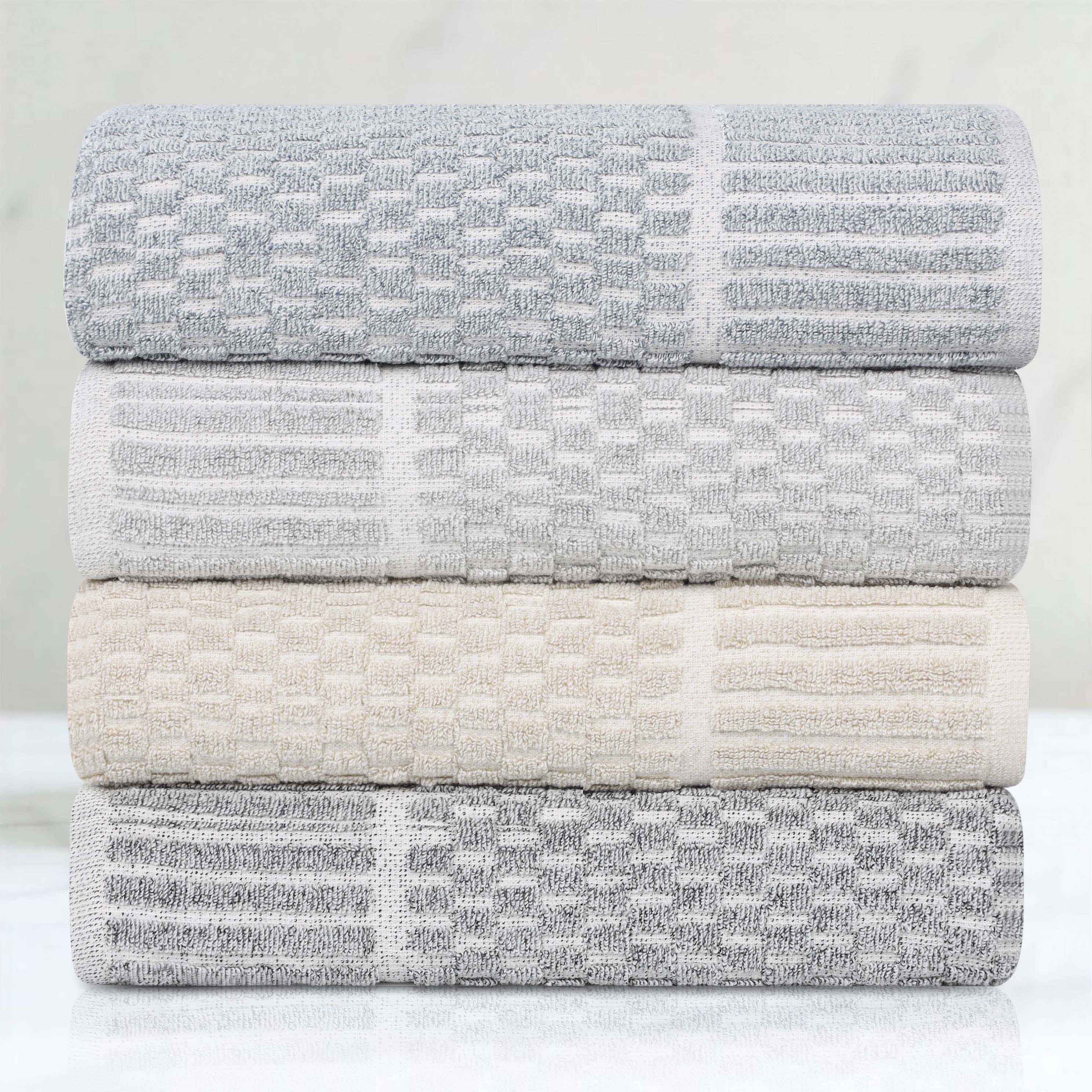 Premium Cotton Blend Checkered Border Bath Towels Set of 2 - Soft, Absorbent & Quick-Drying Medium Weight Towels for Bathroom, Spa, Gym & Beach Use