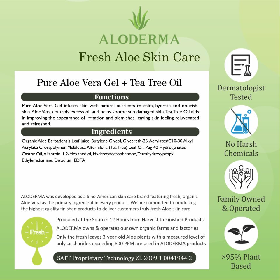 Aloderma Organic Aloe Vera Gel with Tea Tree Oil - Freshly Harvested Within 12 Hours, Soothing Pure Aloe Gel for Face, Scalp & Aftershave Care - All Natural Skin Moisturizer (300ml x 6 Bottles) - Perfect for Sunburn Relief, Daily Skincare & Hair Hydration
