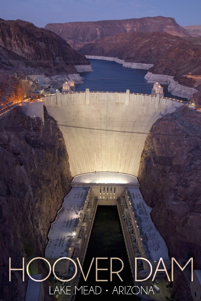 24x36 Signed Lake Mead, Arizona & Hoover Dam at Night Art Print - Master Wall Decor Poster for Living Room, Office & Home Decoration