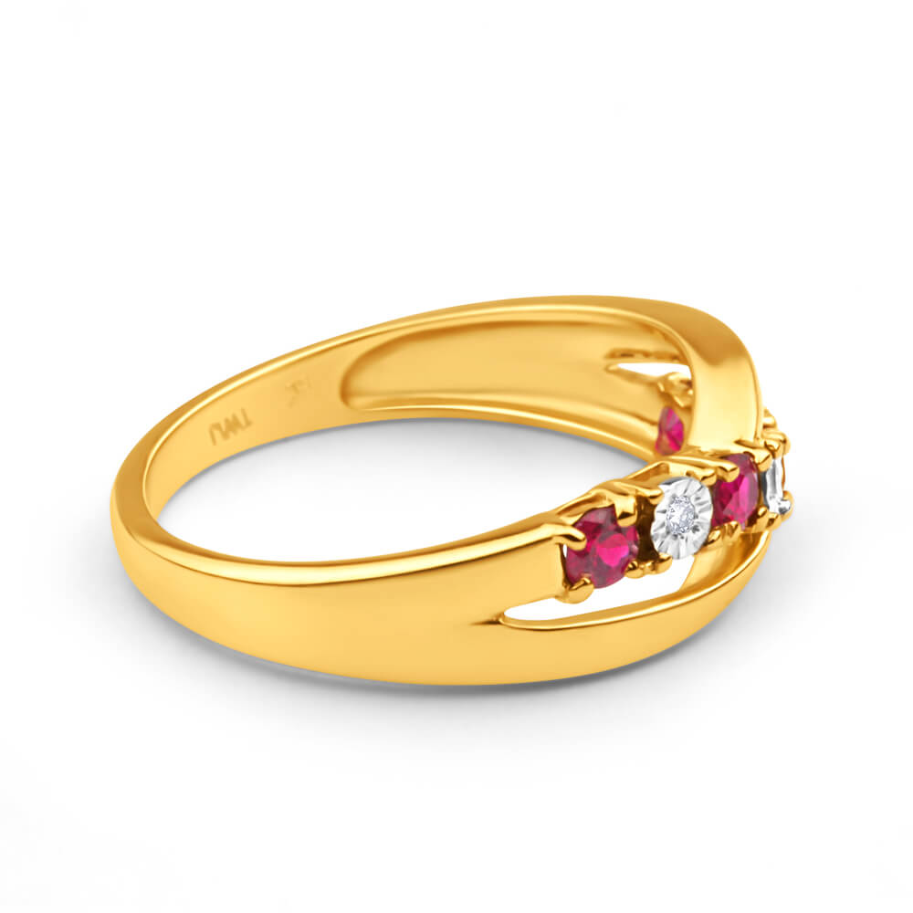 9ct Yellow Gold 4 Created Ruby and 3 Diamond Ring for Women - Elegant Vintage Style Jewelry for Engagement, Anniversary & Special Occasions