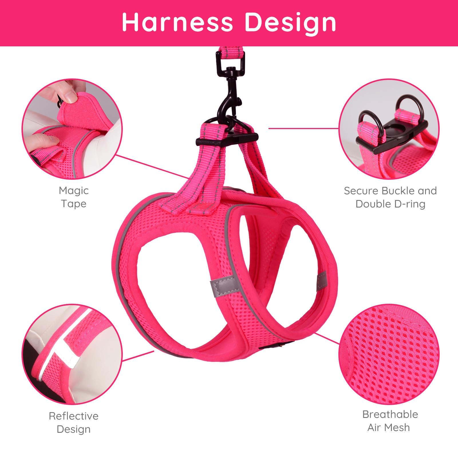 BELLA & PAL Small Dog Harness and Leash Set - No Pull Step-in Vest for Puppies & Extra Small Dogs - Hot Pink Pet Walking Accessories - Perfect for Daily Walks, Training & Outdoor Adventures
