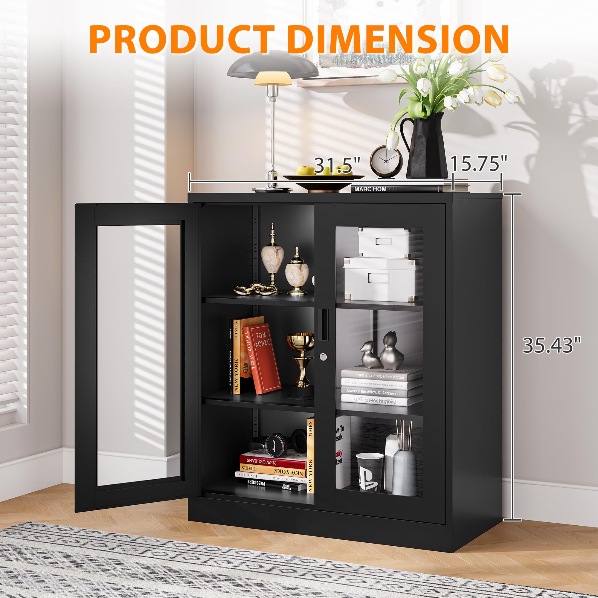 Metal Storage Cabinet with Lock - Office & Home File Organizer with Acrylic Doors & Adjustable Shelves - Secure Document Storage for Office, Home, Hospital (Black) - Perfect for Organizing Files, Supplies & Medical Records