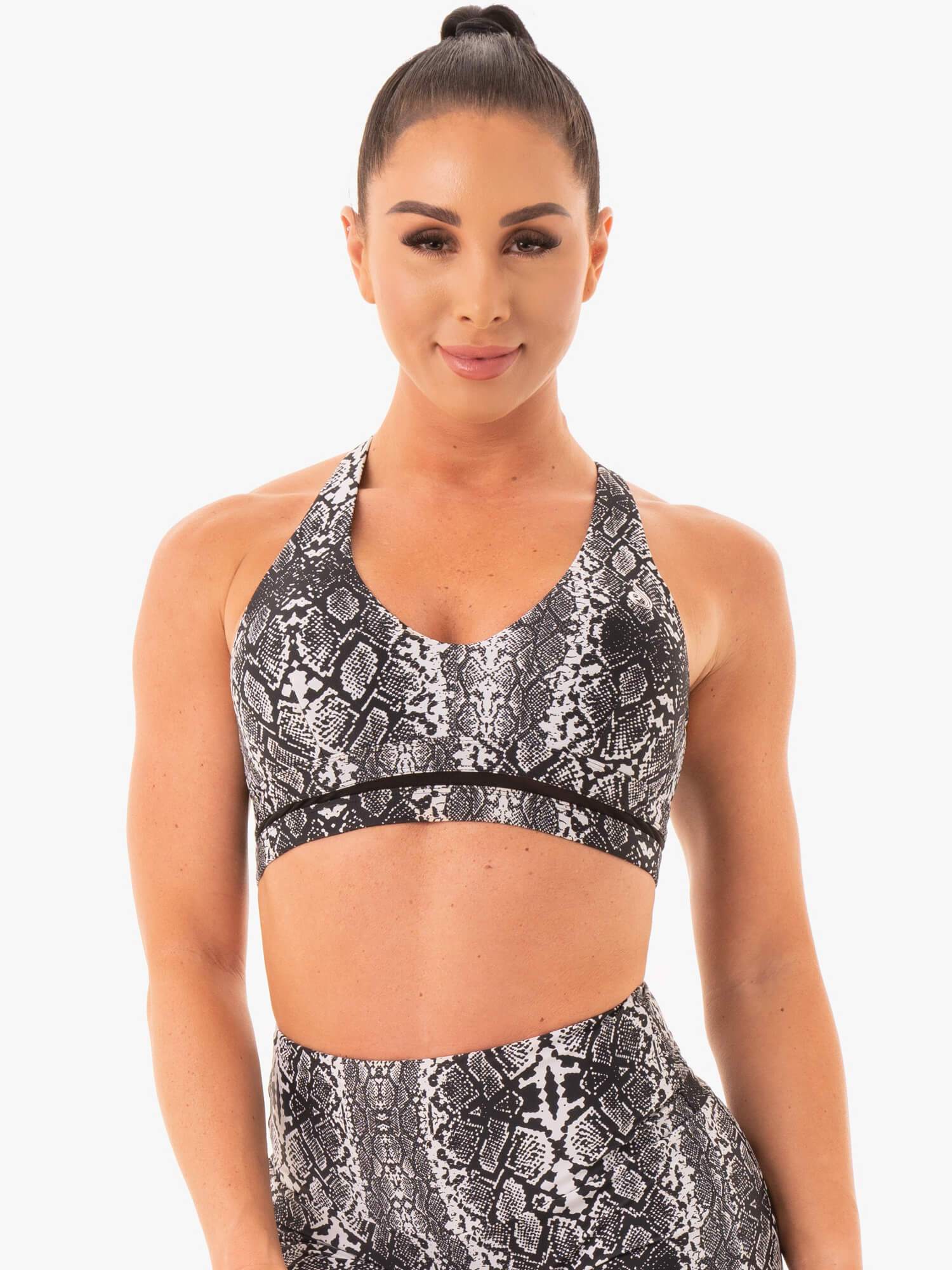 NEM X RW Sports Bra - High Support Workout Top for Women | White Snake Design | Perfect for Yoga, Running & Gym