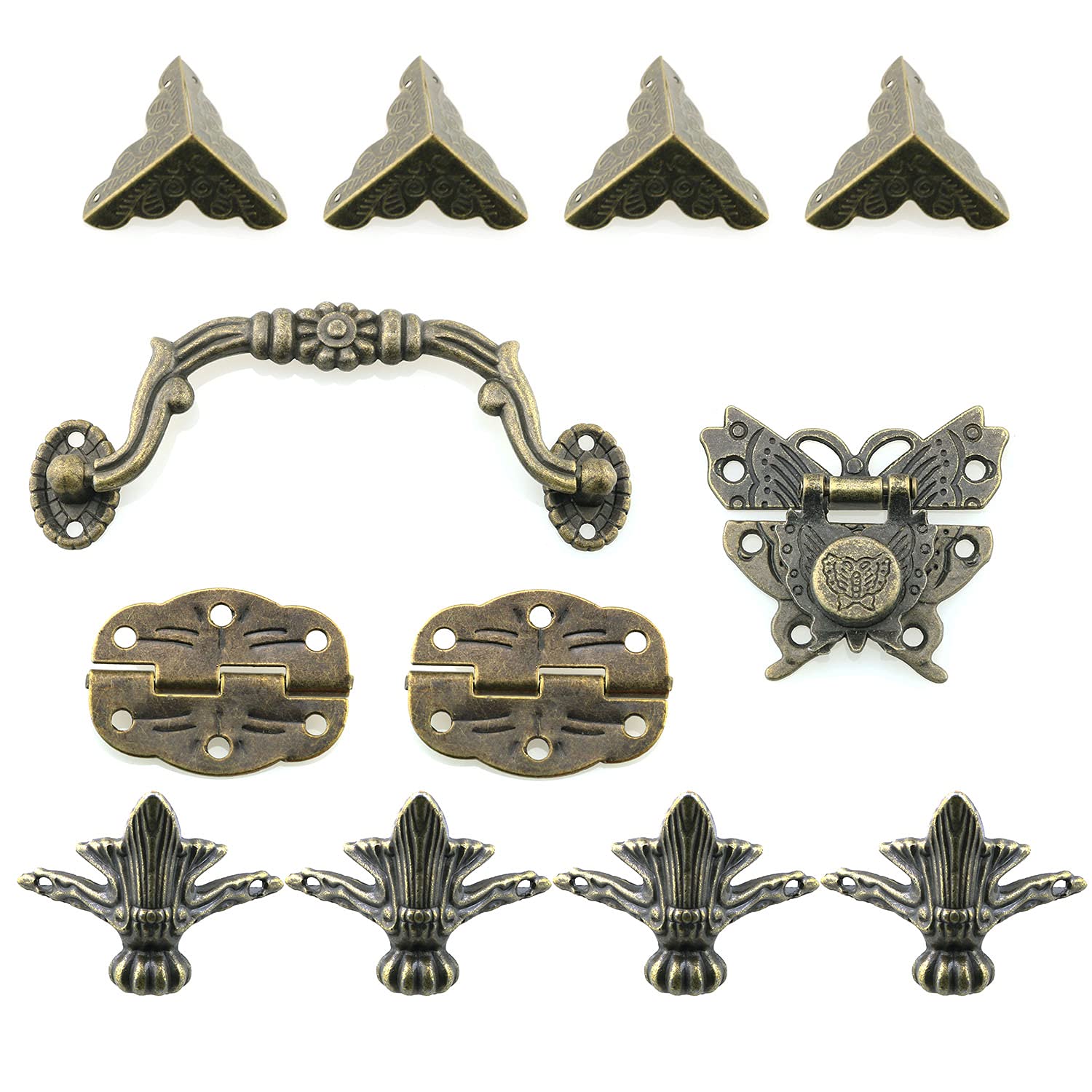 12-Piece Antique Jewelry Box Hardware Kit - Lock Latch, Hinges, Handle & Corner Protectors with Screws - Perfect for DIY Jewelry Box, Wooden Chest & Vintage Furniture Restoration