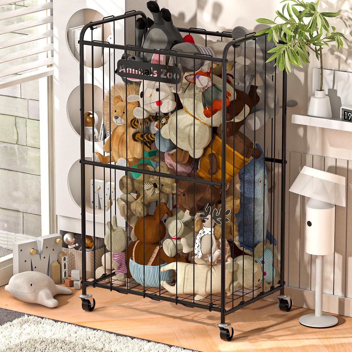 210L Large Plush Toy Storage Organizer with Wheels - Kids Toy Storage Basket with Metal Frame & Elastic Cords - Durable Stuffed Animal Organizer Bin for Bedroom, Nursery, Playroom (Black) - Perfect for Organizing Stuffed Toys, Blankets, and Kids Room Essentials